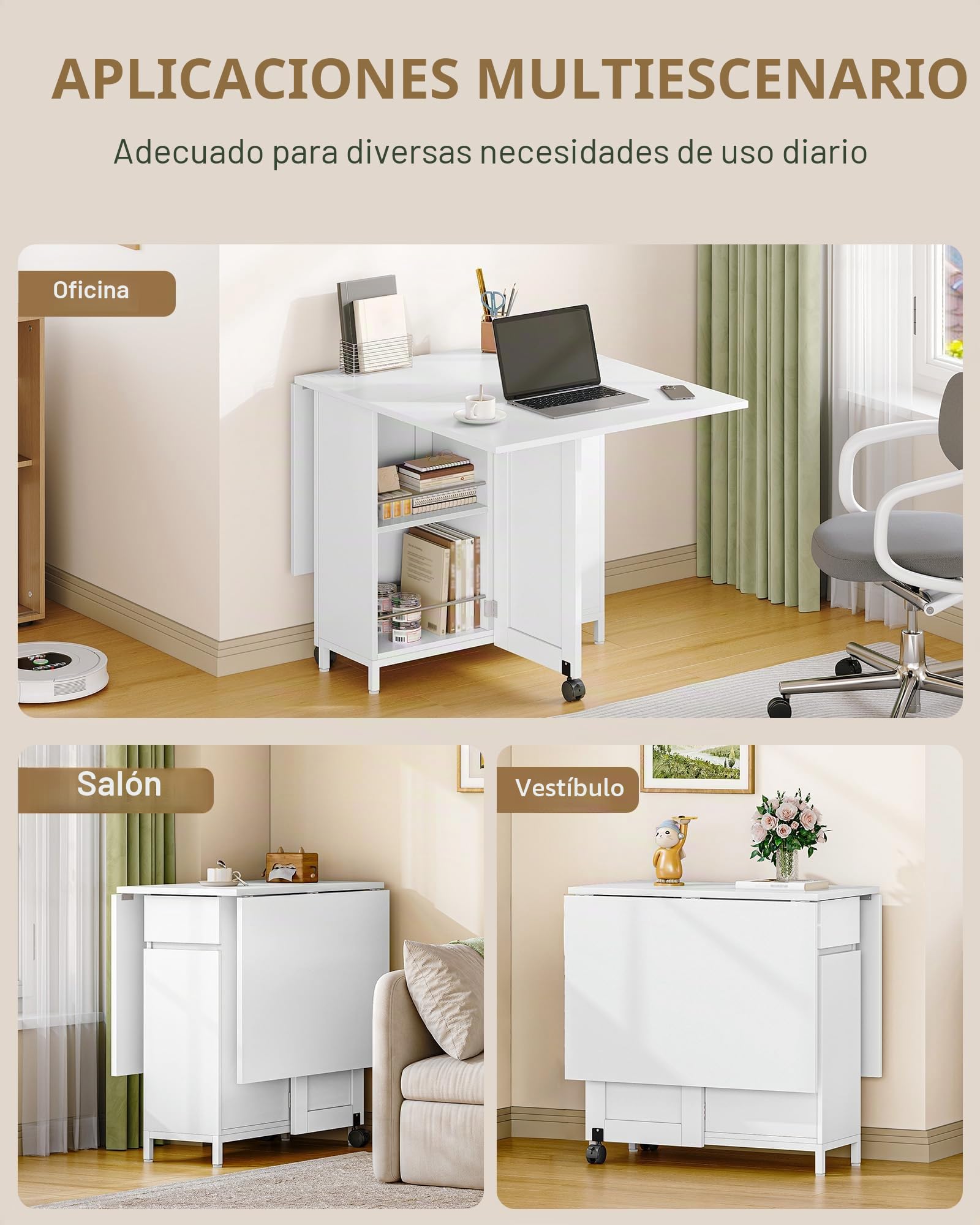 Hzuaneri Mesa Plegable Comedor, con Cajones, 140 x 75 x 75 cm, Blanco | Ahorra Espacio, con Compartimentos de Almacenamiento y Ruedas, Capacidad para 4 a 6 Personas, KT14003W