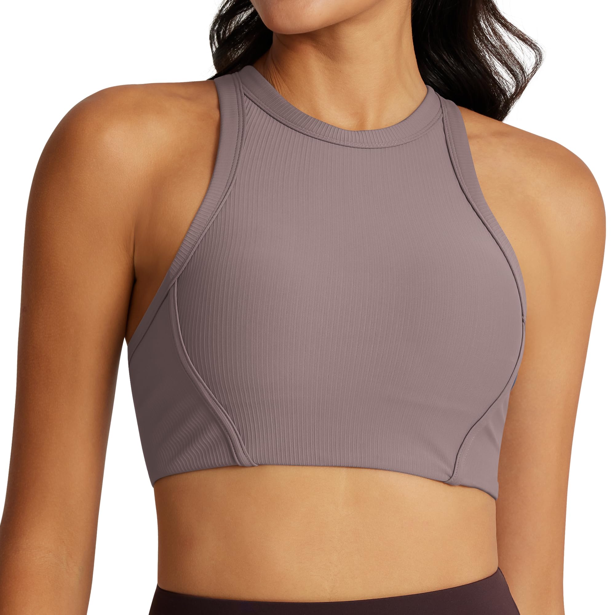 AVGO Womens Racerback Sports Bra Ribbed Athletic Crop Tops with Built in Bra High Neck Workout Tops