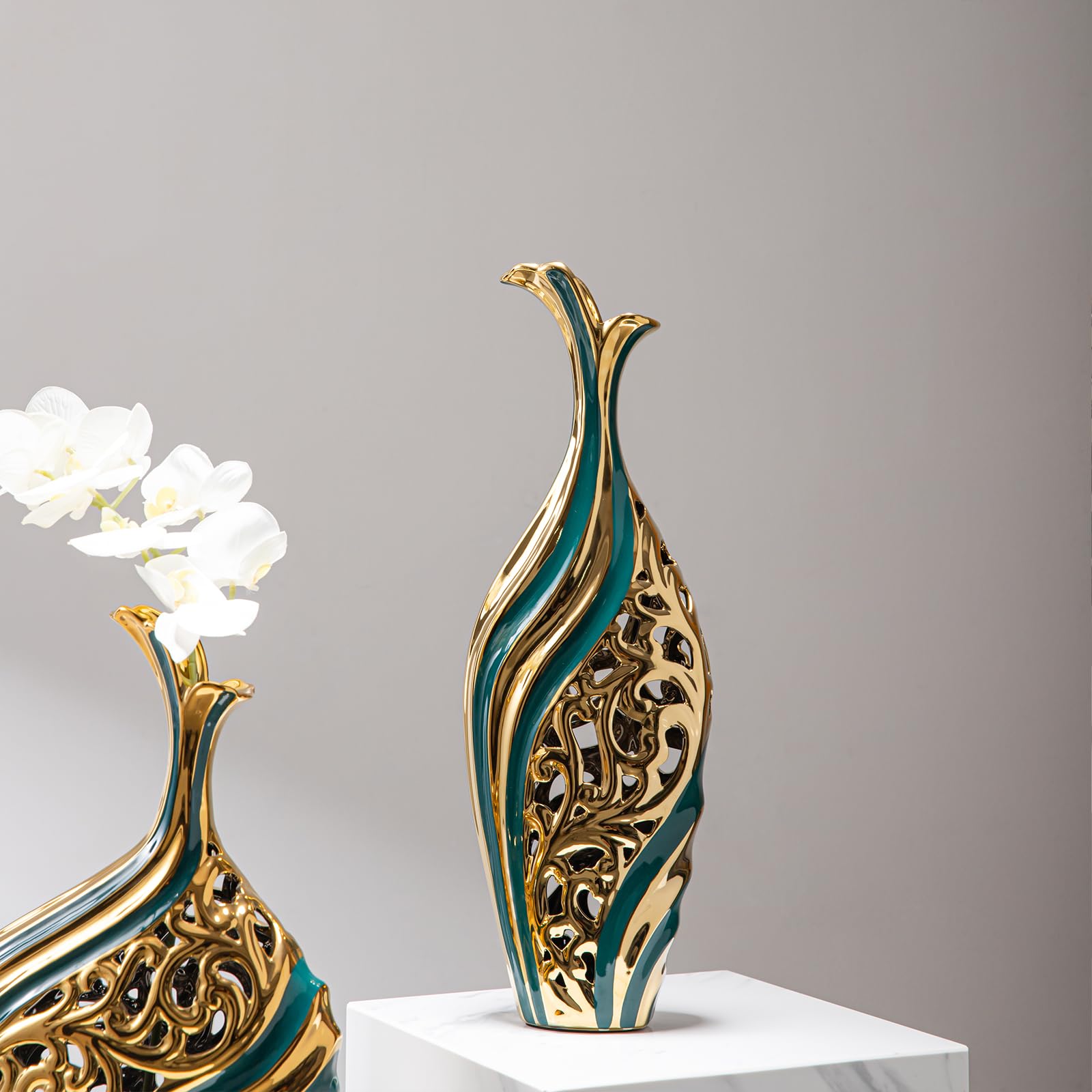 LCCCK Jarrón Alto Decorativo de Piso de 50 cm de Altura, Moderno Jarrón Grande de Piso Verde y Dorado, Decoración Premium para Bodas, Jarrón de Flores Individuales para Hierba de Las Pampas