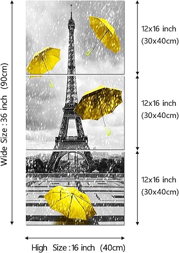 Miniatura 6 de YeiLnm 3 piezas de impresión en lienzo de la Torre Eiffel de París decoración de pared de París paraguas amarillas impresiones de imágenes pintura