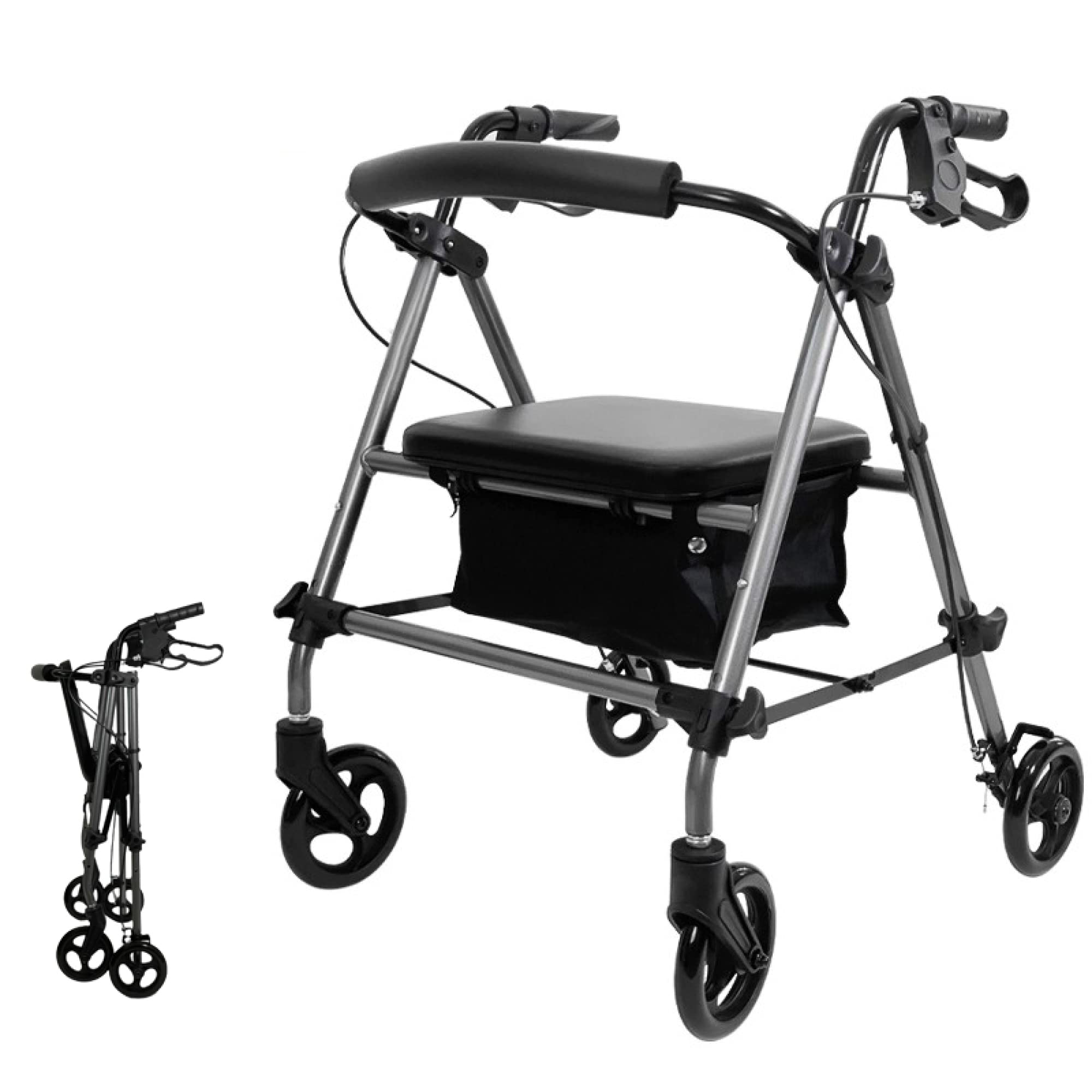 Andador con ruedas con asiento blando - Andador con ruedas para silla de transporte con ruedas de 6 pulgadas - Ayuda para caminar plegable con asas ajustables en altura - Soporte de 300 libras