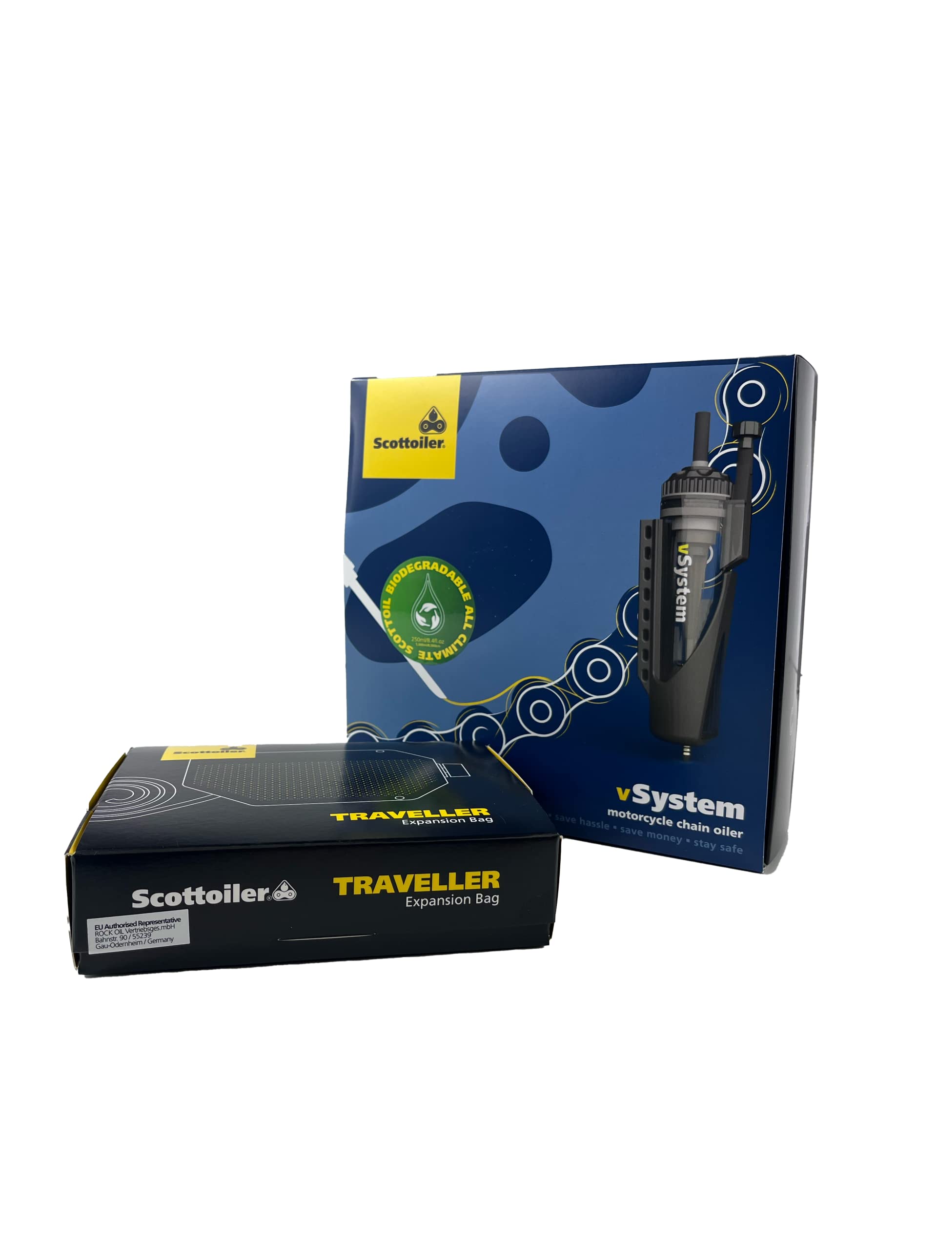Scottoiler vSystem Sistema Automático de Lubricación de Cadena de Motocicleta con Scottoil Verde Biodegradable y Bolsa de Expansión Traveller - Bundle de Turismo de Largo Alcance…