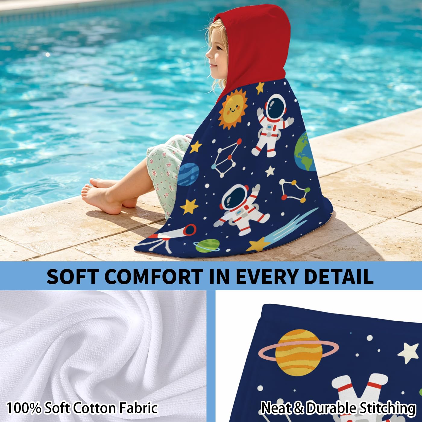 peacoblue Badeponcho Kinder Kapuzenhandtuch Astronaut Und Planeten | Mikrofaser Kapuzenhandtuch 76x127cm für Kinder 2-8 Jahre, Schnell trocknend für Strand, Pool und Schwimmen