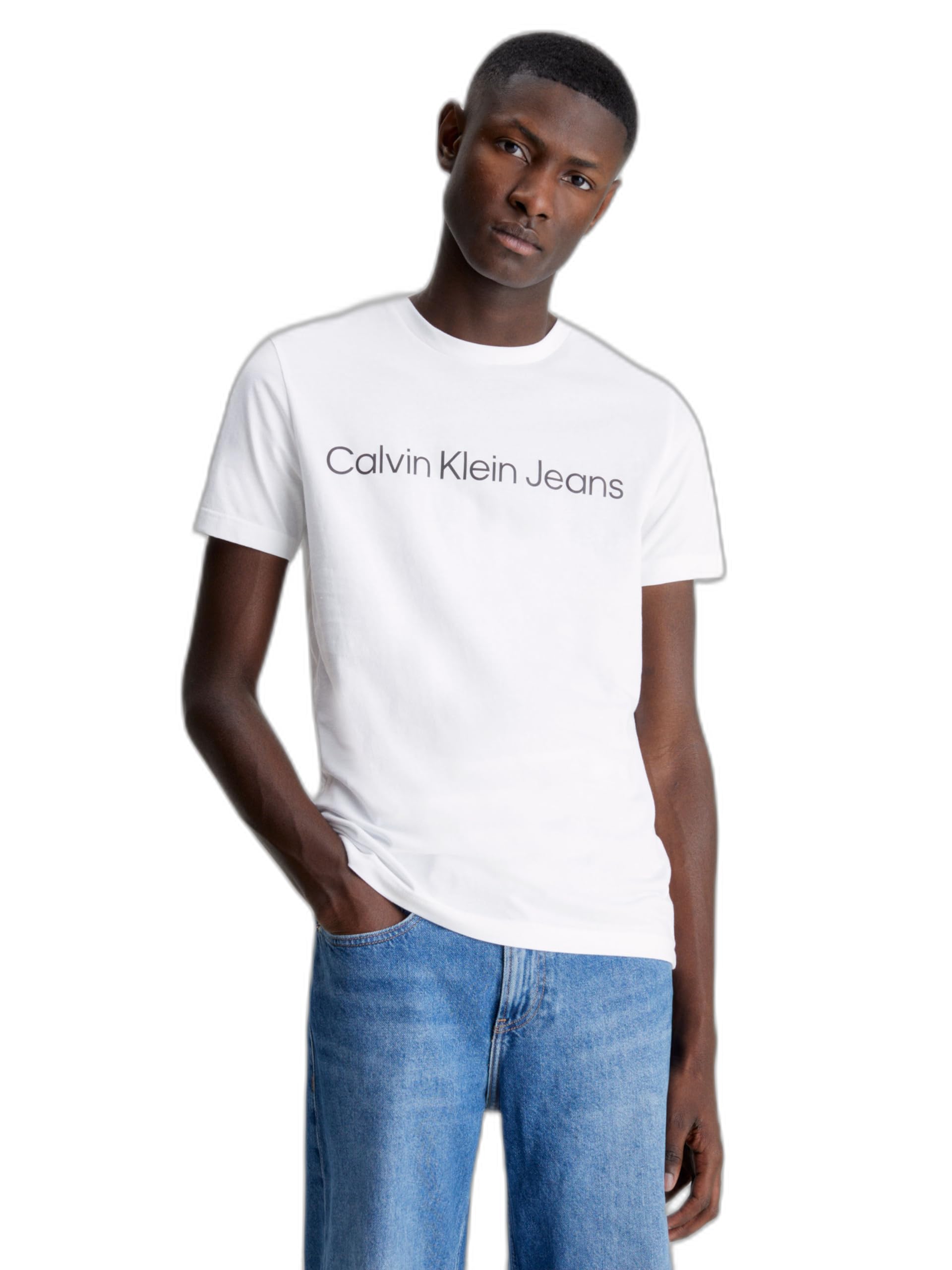 Calvin Klein Men’s Short Sleeve Round Neck Core Institutional Logo Slim Fit T-Shirt, White (Bright White), XS