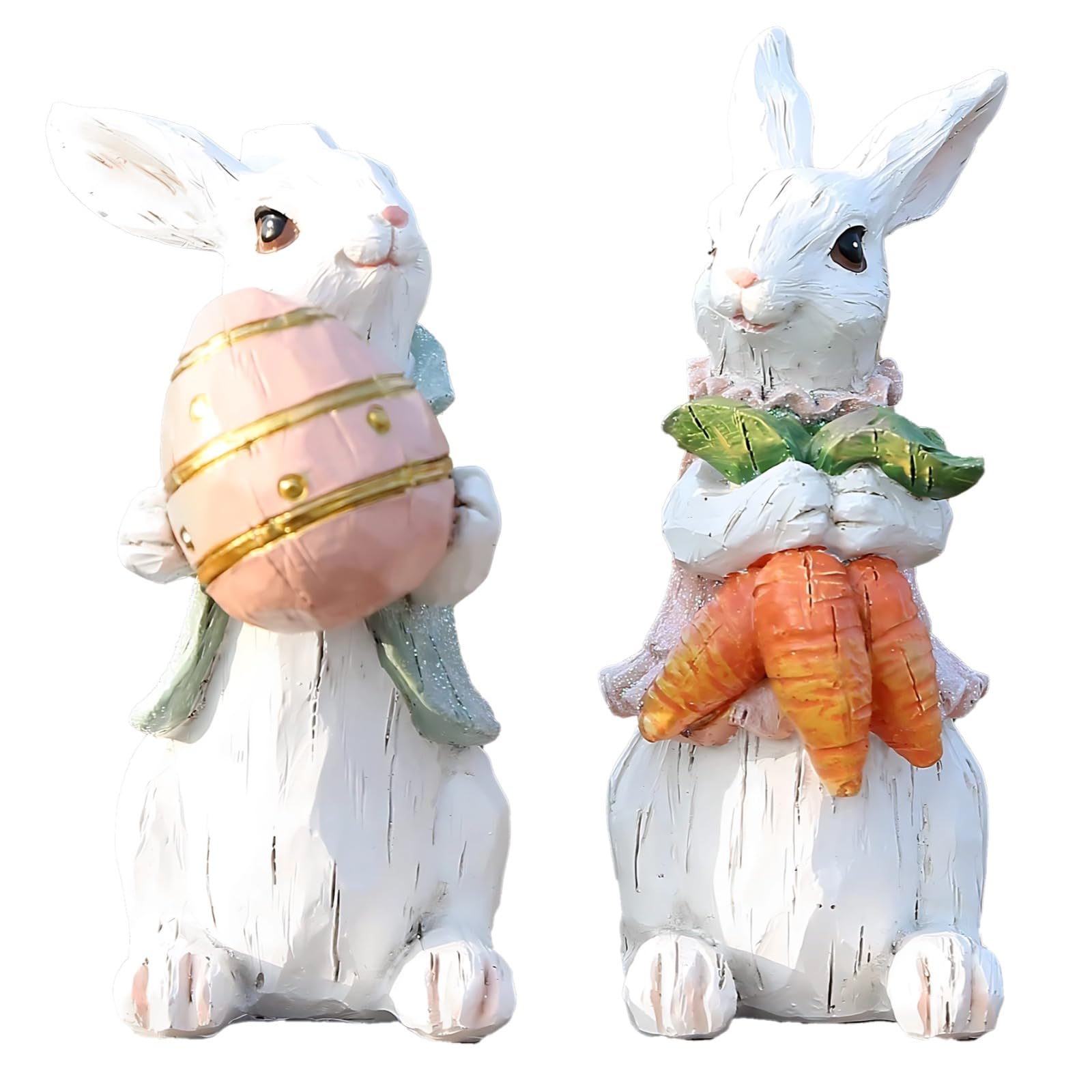 Lapins de Pâques en résine (lot de 2) avec œuf et carotte pour décoration