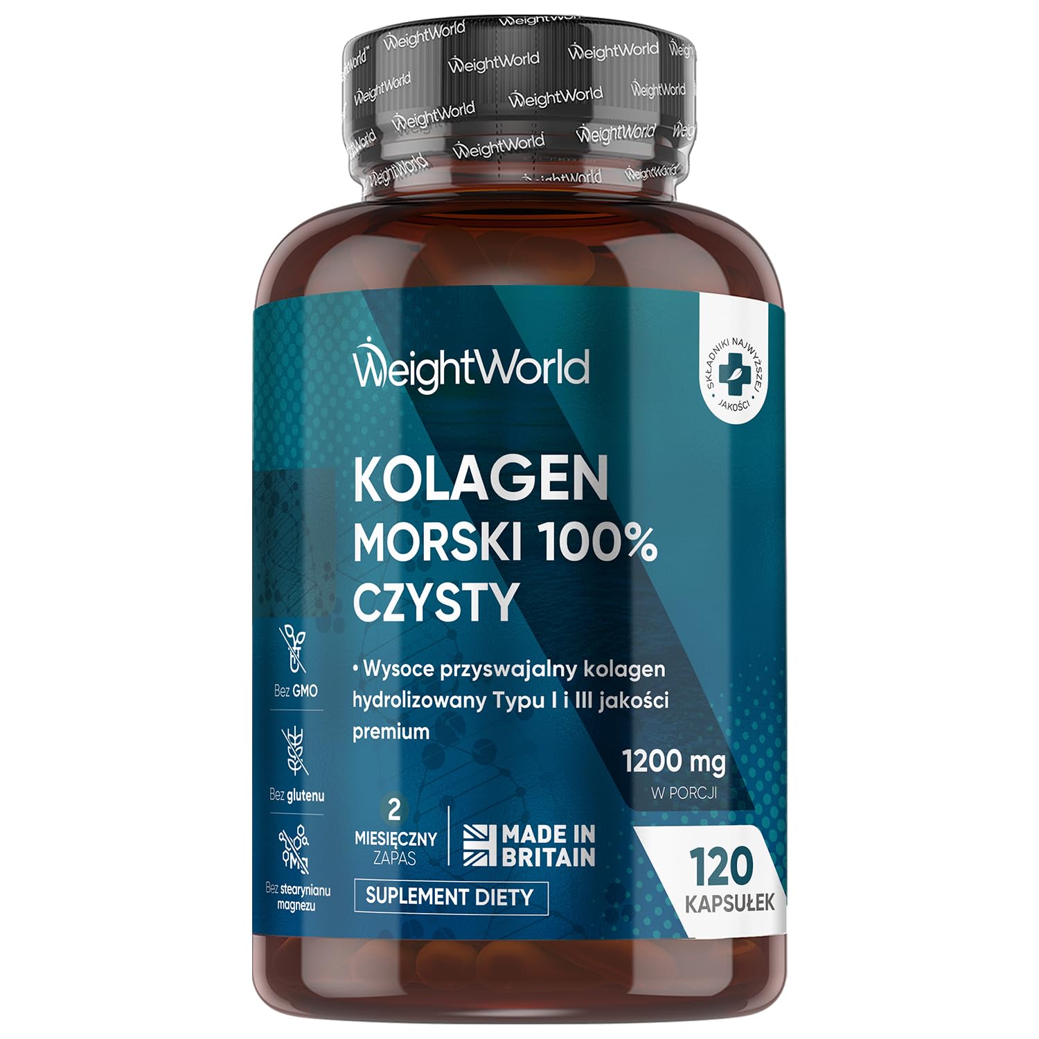 Hydrolizowany kolagen morski 100% czysty 1200 mg – 120 miękkich kapsułek z peptydami kolagenu morskiego hydrolizowanego typu I i III – zapas na 2 miesiące, bez glutenu, laktozy i GMO