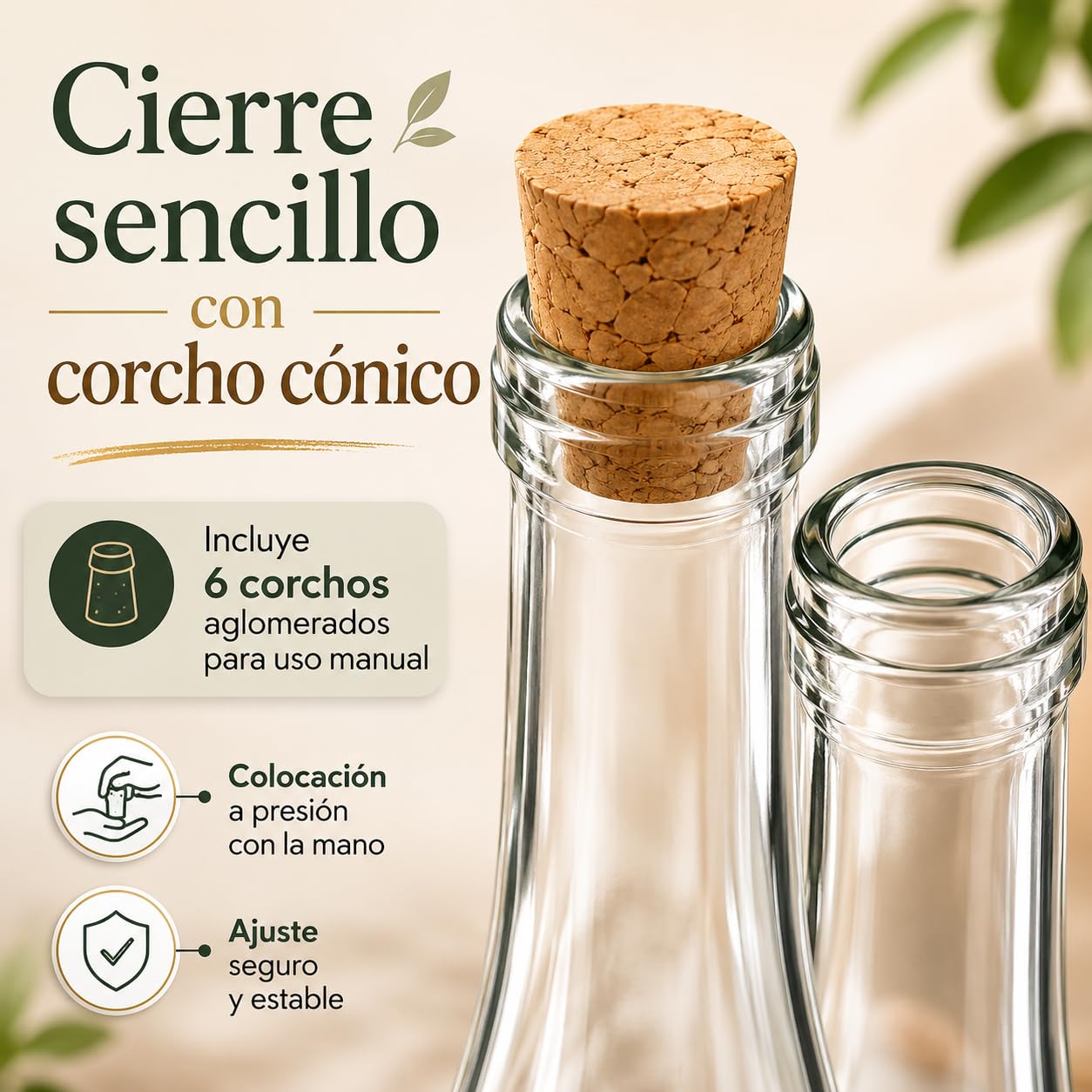 Botellas Vacías para Vino 750 ml Vidrio Transparente Pack 6 Corcho Cónico