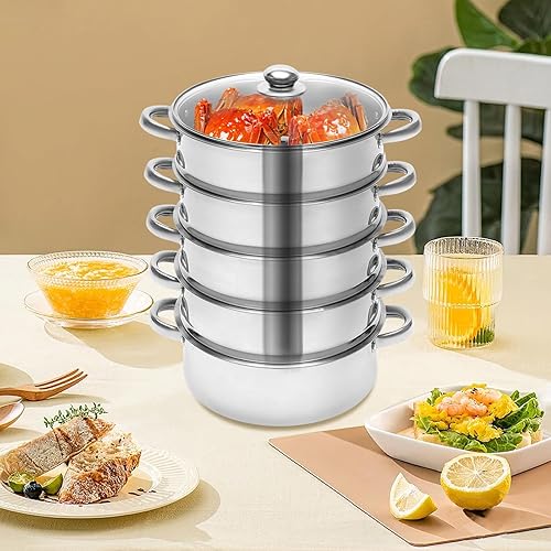 Miniatura 9 de Olla de vapor de 5 niveles de acero inoxidable, olla de vapor de alimentos de 10 pulgadas con asa para cocinar verduras, mariscos, sopas, guisos y