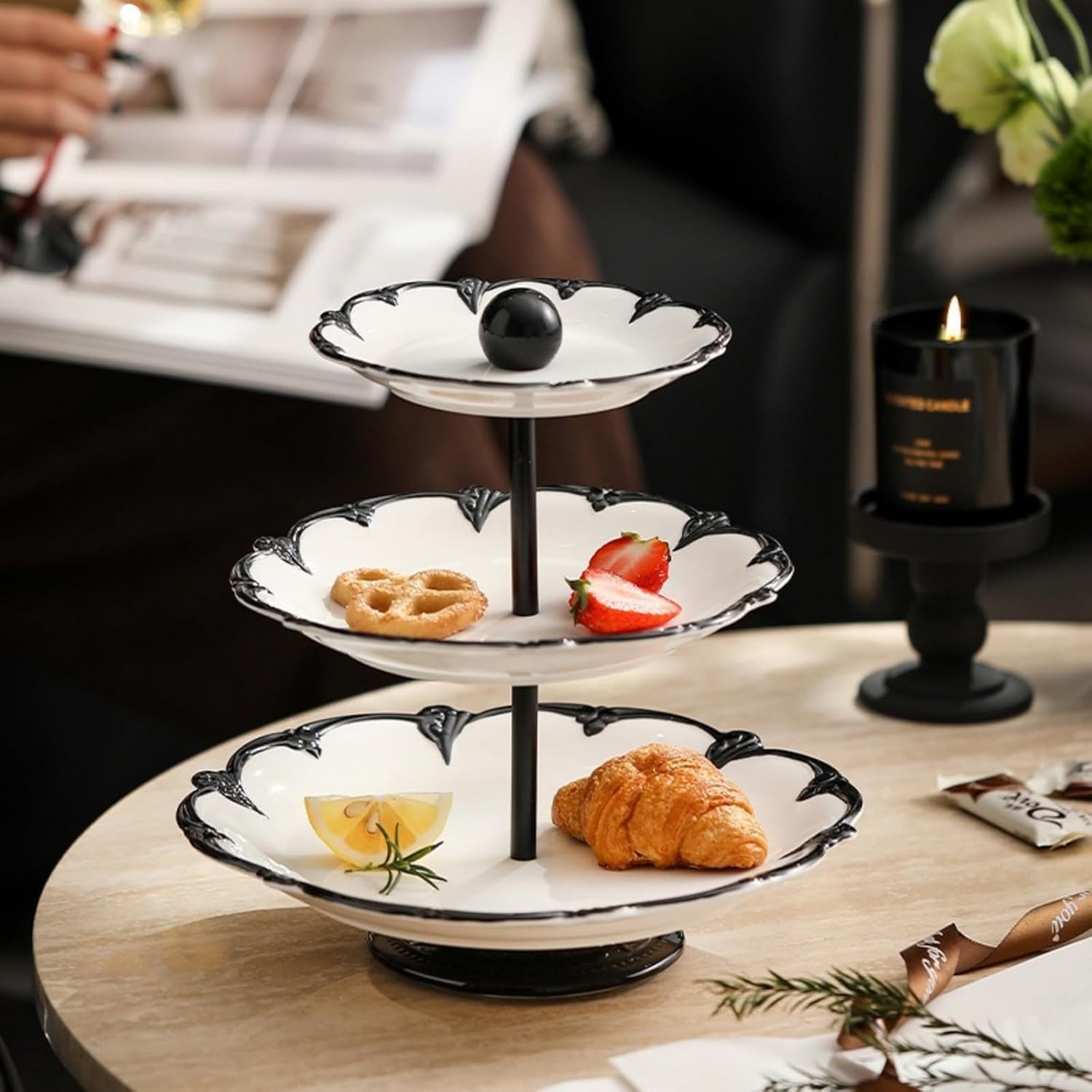 Ceramic Dessert Plates Multi Layer Fruit Tray Tiered Tray Stand Cake Stand Dry Fruit Tray Fruit and Vegetable Storage Kitchen Decor for Counter, Kitchen Accessories,2 Tier Serving Tray