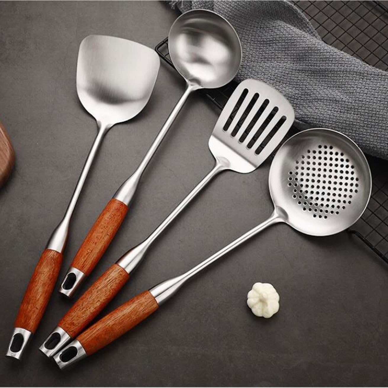 304 Edelstahl Kochspatel Löffel 5 Stück Sets Kochutensilien Abtropflöffel Küche Kochgeschirr Gadgets