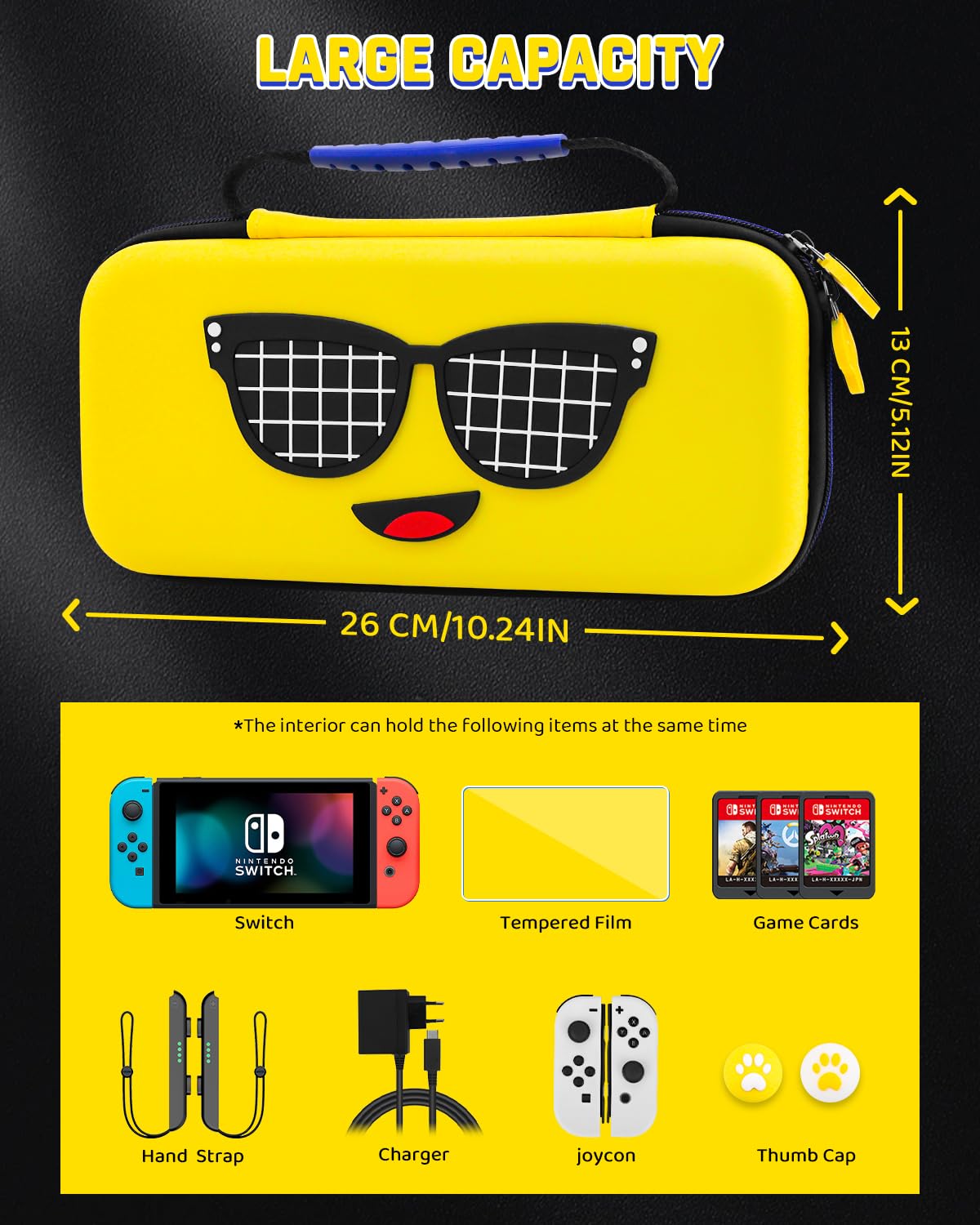 GLDRAM Custodia gialla per Nintendo Switch, set di accessori con custodia da viaggio portatile, cover protettiva in PC per console e joycon, pellicola protettiva per schermo e tappo per pollice