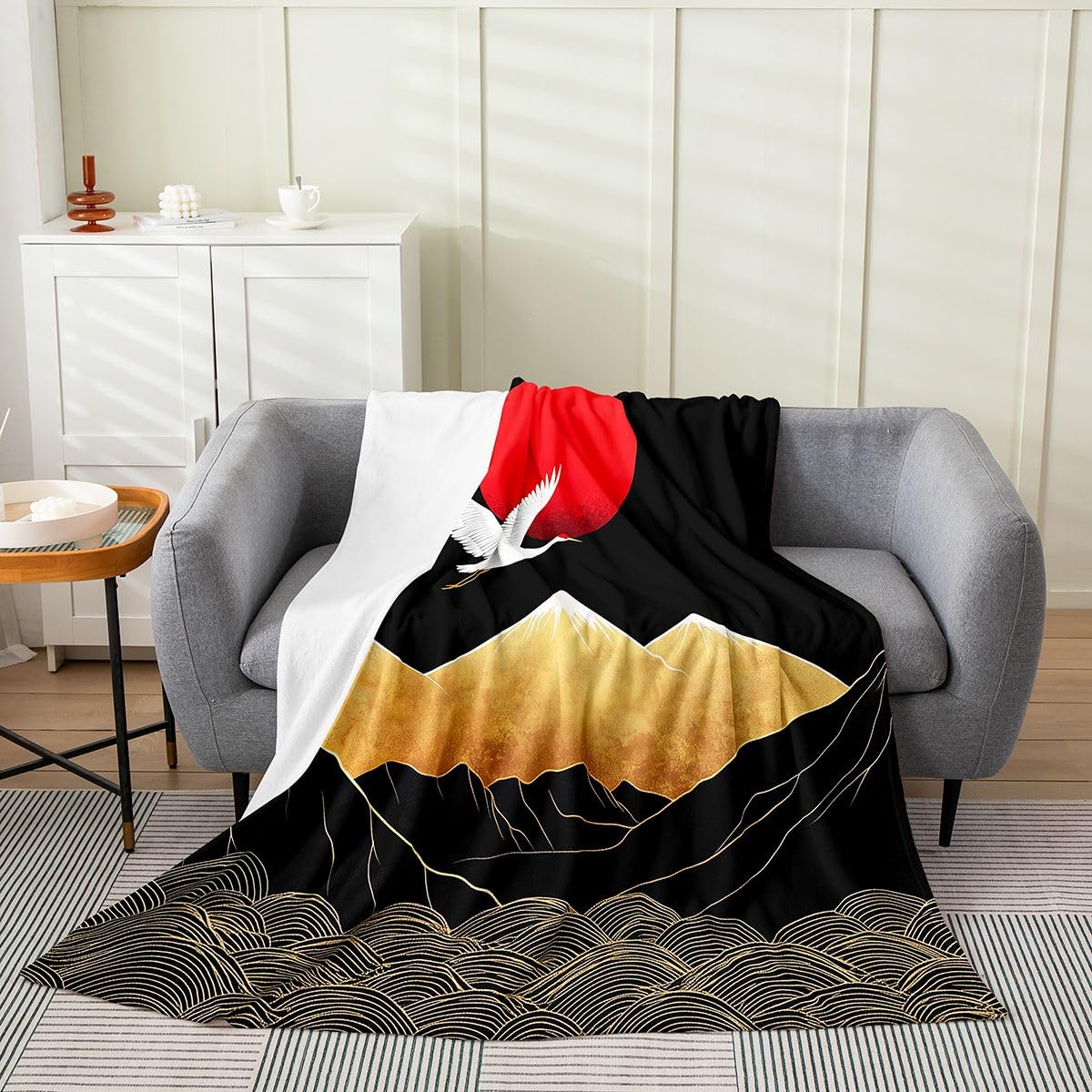 Crane Throw Flannel Blanket,Japanese Cloud Trees Fleece Fleece Blanket for Home Bedroom Decor Sofa Couch,Ukiyo-e Style Soft Bedding,40"x50"