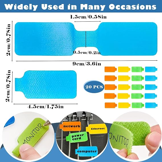 20 Pcs Multi-Color Cable Labels (1.75in*0.78in) Write On Cord Tags for Management, Identification and Organization
