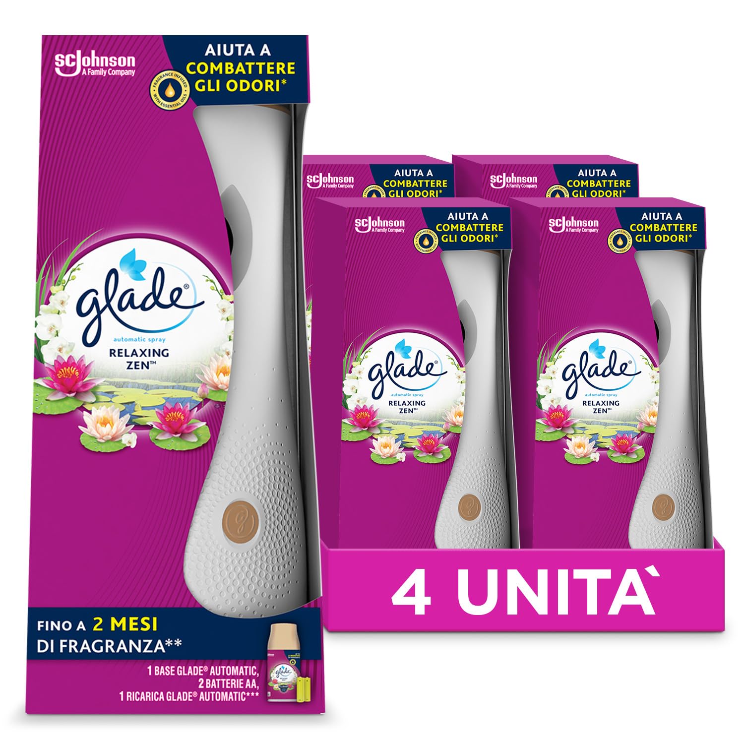Glade Automatic Spray, Profumatore per Ambienti, Fragranza Relaxing Zen, 4 Diffusori e 4 Ricariche 269 ml, 8 Pile AA