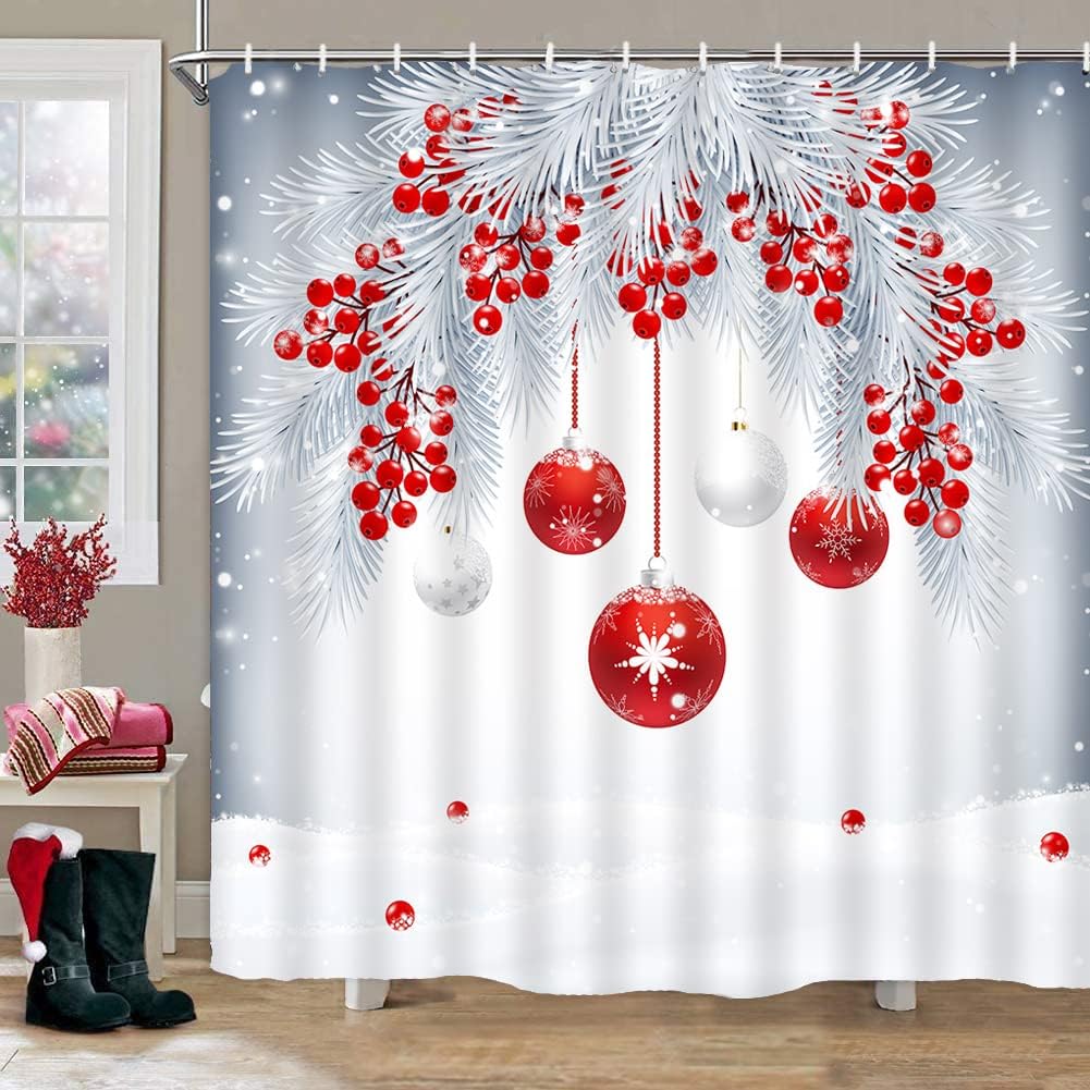 Christmas Ball Shower Curtains Merry Xmas Red Berry Hanging on White Pine Tree Branch Winter Holiday Happy New Year Bathroom Decor 86X70In with Hook