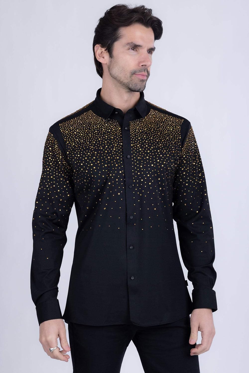 Barabas Men's Rhinestones Jewels Long Sleeve Shirt 4B06