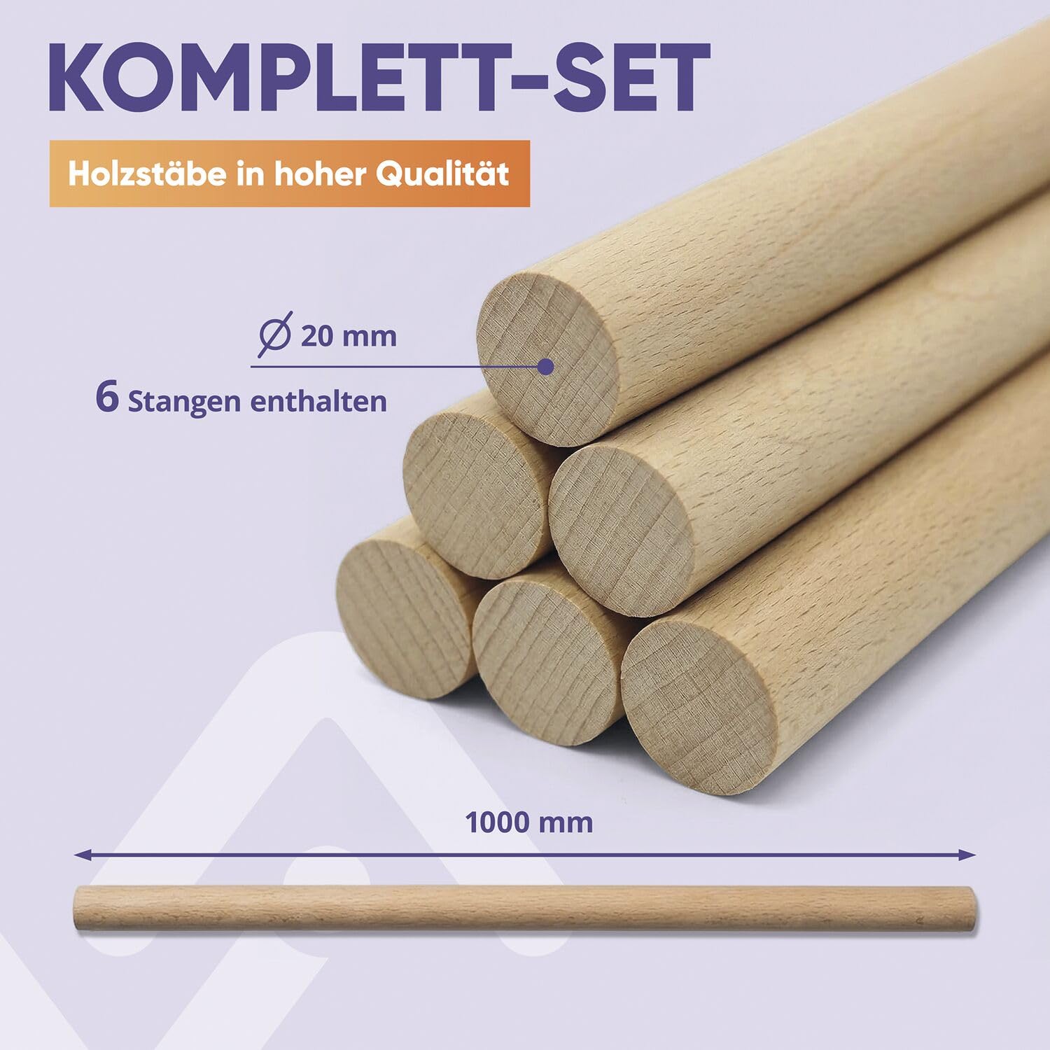 vasalat Lot de 6 baguettes en bois de hêtre lisse pour le bricolage - 100 cm x 20 mm - Hêtre naturel