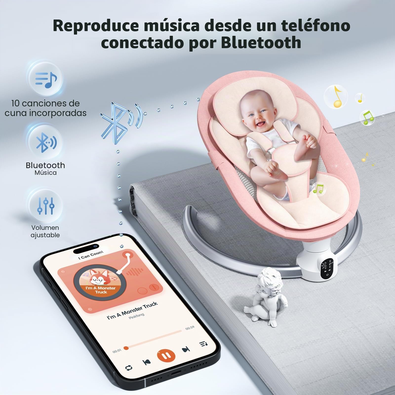 Columpio para bebés, balancín eléctrico con aplicación y mando a distancia, arnés de 5 puntos mejorado, 10 canciones Bluetooth y 5 velocidades, soporta 9 kg