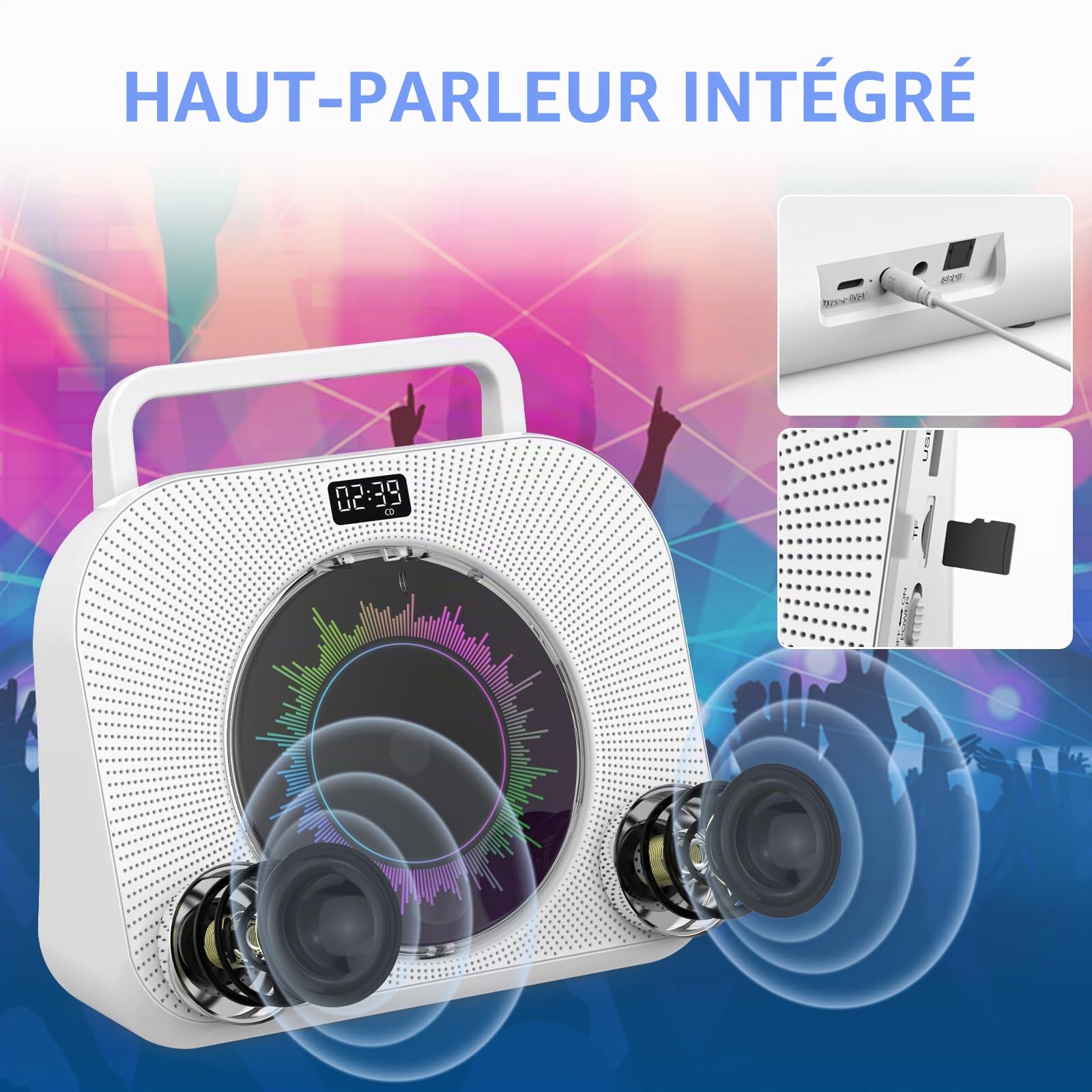 Lecteur de CD Bluetooth Lecteur CD de Bureau avec Haut-parleurs Lecteur CD Enfant supporte Les USB/TF/AUX Lecture Réveil Minuteur avec télécommande Housse de Protection Ecran Prise Casque
