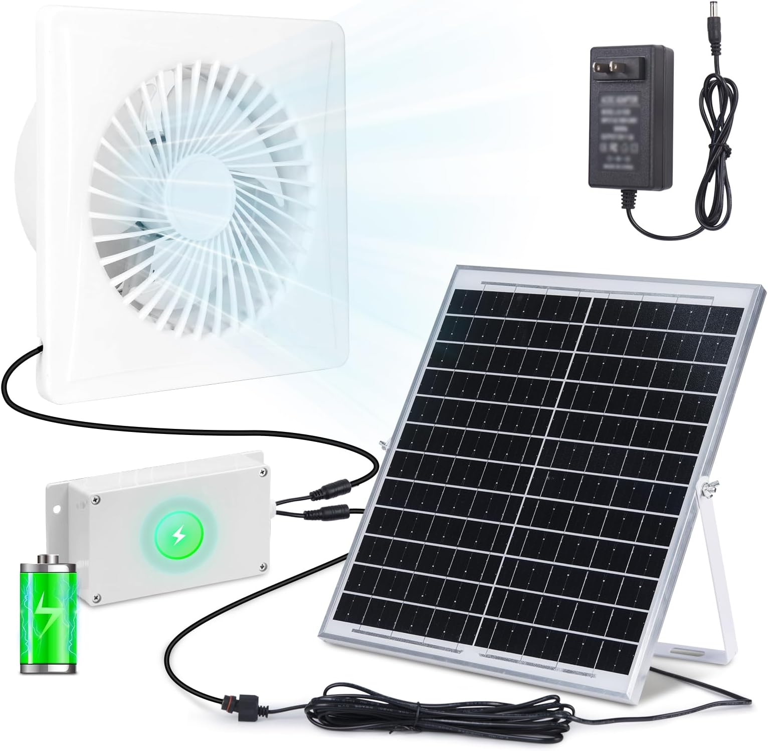 Solar Fan Pro with Battery Run Day/Night, 9.5" Exhaust Fan and 20W Solar Panel for Greenhouse Air Cooling Circulation with 16Ft On/Off Cable, Intake for Shed, Chicken Coop