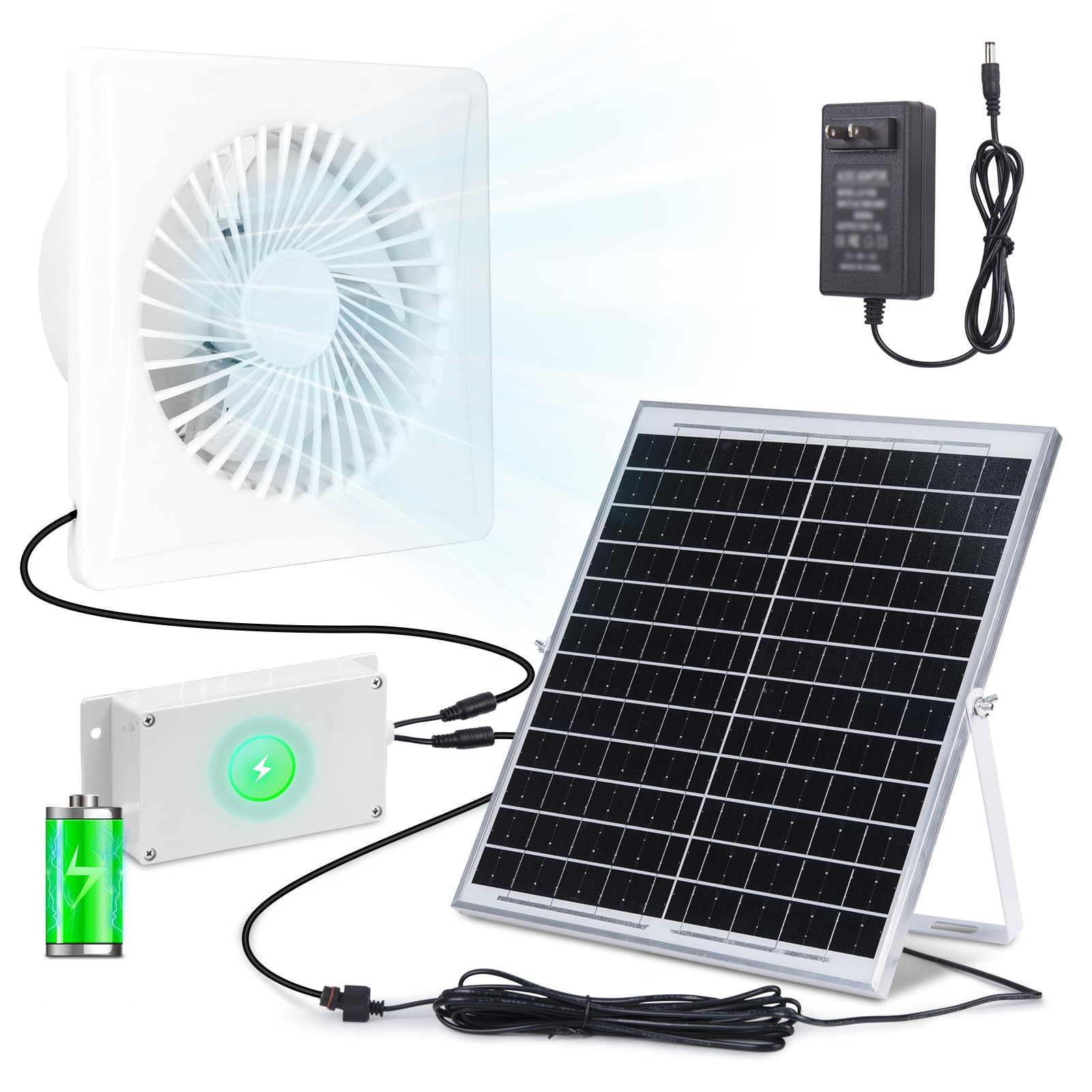 Solar Fan Pro with Battery Run Day/Night, 9.5" Exhaust Fan and 20W Solar Panel for Greenhouse Air Cooling Circulation with 16Ft On/Off Cable, Intake for Shed, Chicken Coop