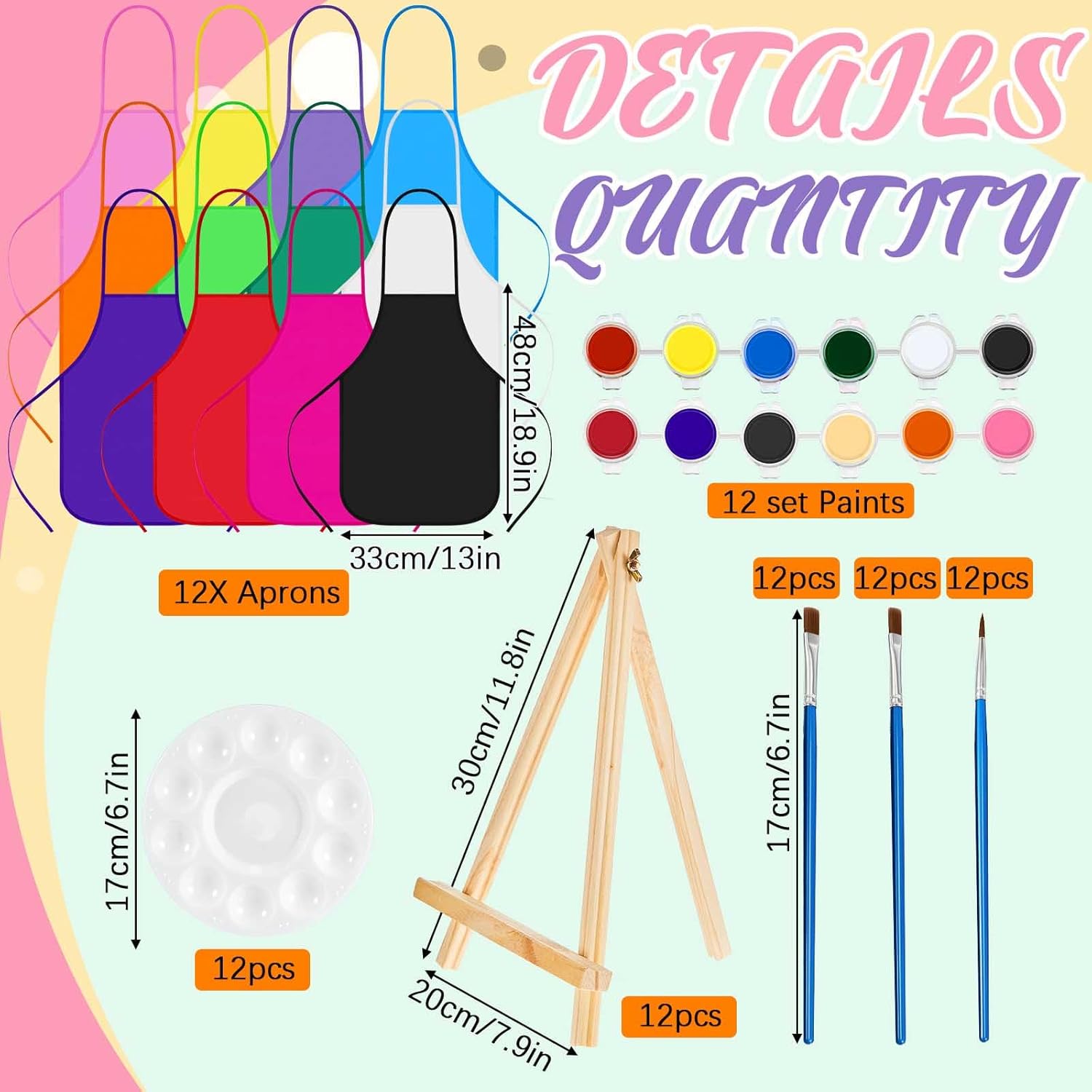 Ireer 12 Set Paint Party Set 8 x 10 Sip and Paint Kit Include 12 Printed Pre Drawn Canvas Panel, Wooden Easels, Palettes, Pots, Apron 36 Brushes for Adult Art DIY Party(Princess)