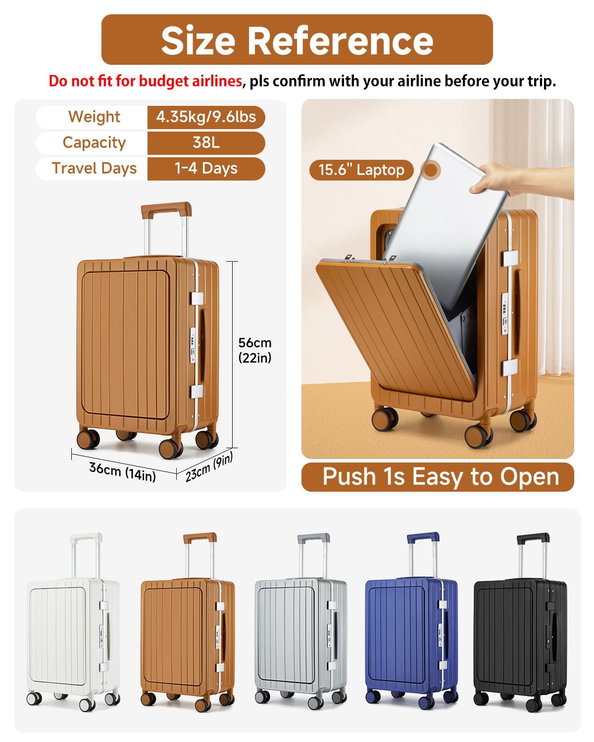 Sea choice Valigia da 20 pollici con Tasca Frontale per Laptop Trolley in PC Leggera Bagaglio a Mano con USB Chiusura TSA e 4 Ruote Doppie Girevoli, Porta bicchieri
