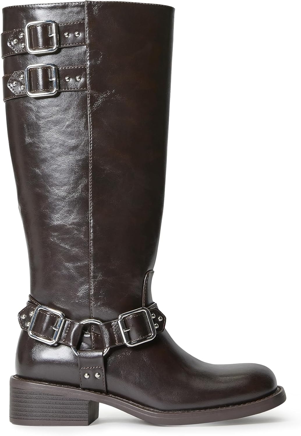 JustFab Womens Knee High Boots Faux Leather Brown Riding Boots Knee High Boots for Women Womens Low Heel Casual Boots for Women