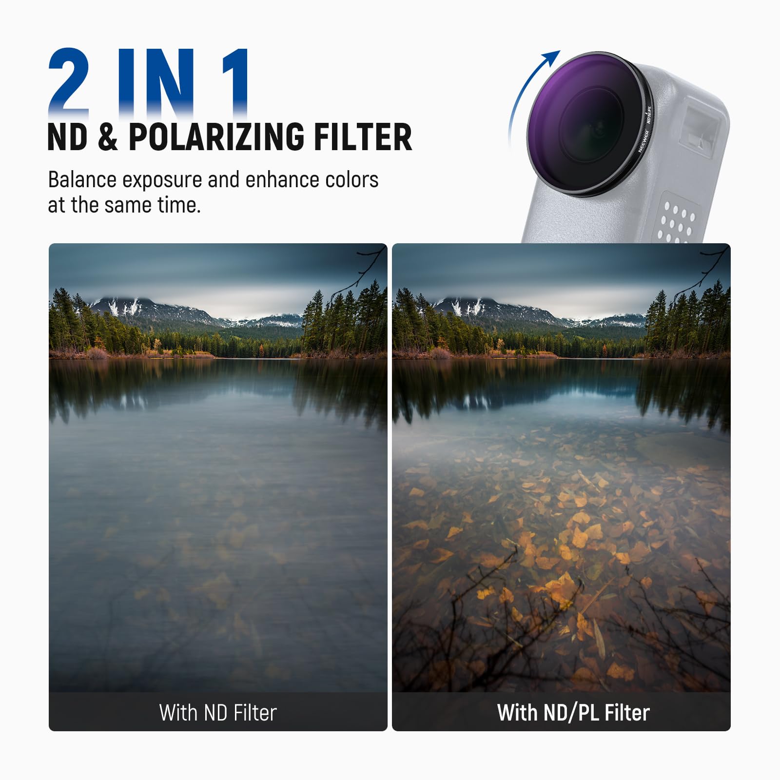 NEEWER Zestaw filtrów ND/PL kompatybilny z DJI Osmo Nano (ND8/PL+ND16/PL+ND32/PL+ND64/PL), wkręcane polaryzacyjne akcesoria do obiektywu kamery akcji ND z osłoną ekranu, 4 opakowania
