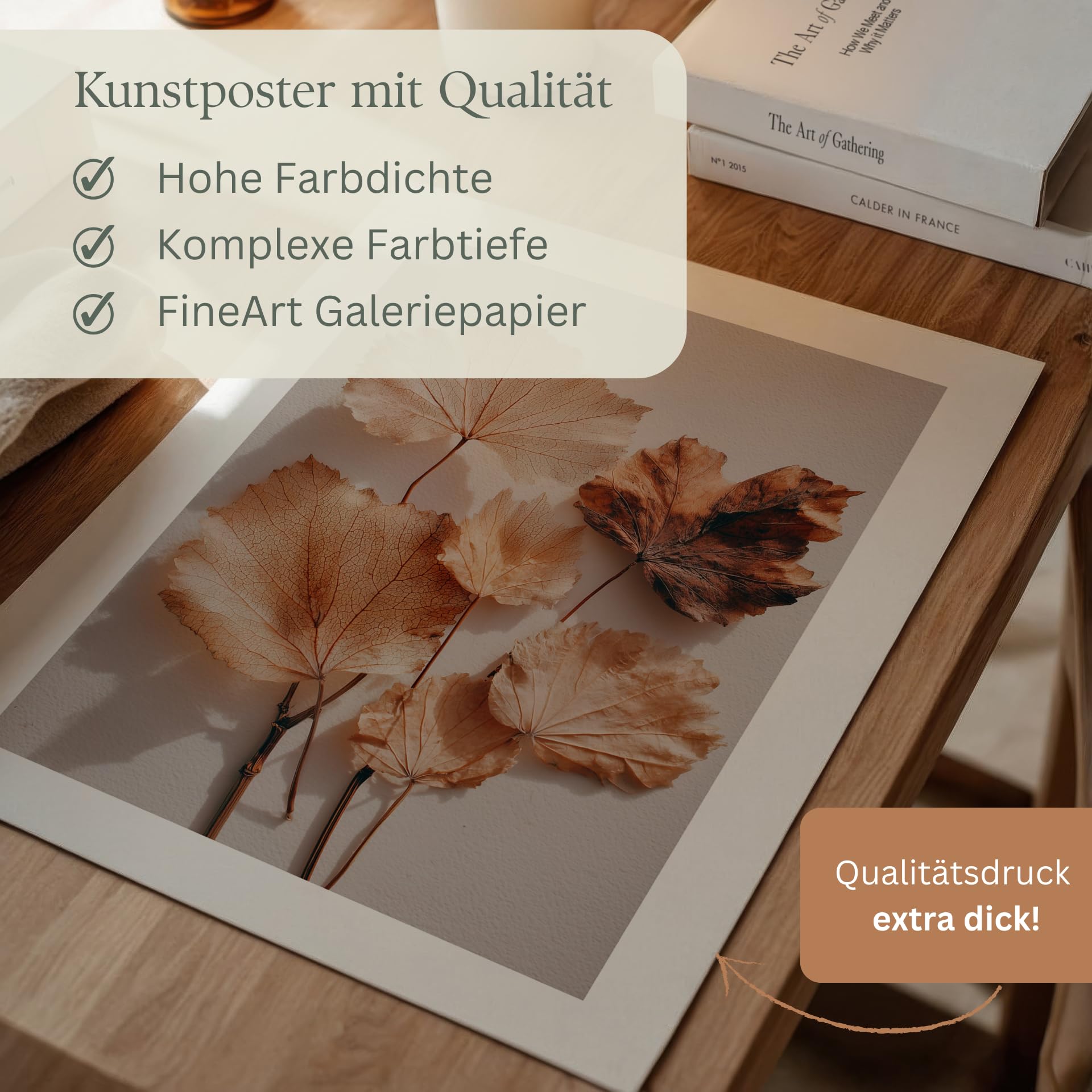 MJ-GRAPHICS® Herbstblätter Poster Wandbild Natur Fine Art Boho Skandi Stil Deko für Flur oder Wohnzimmer – A2 Poster mit Rahmen Holz Natur