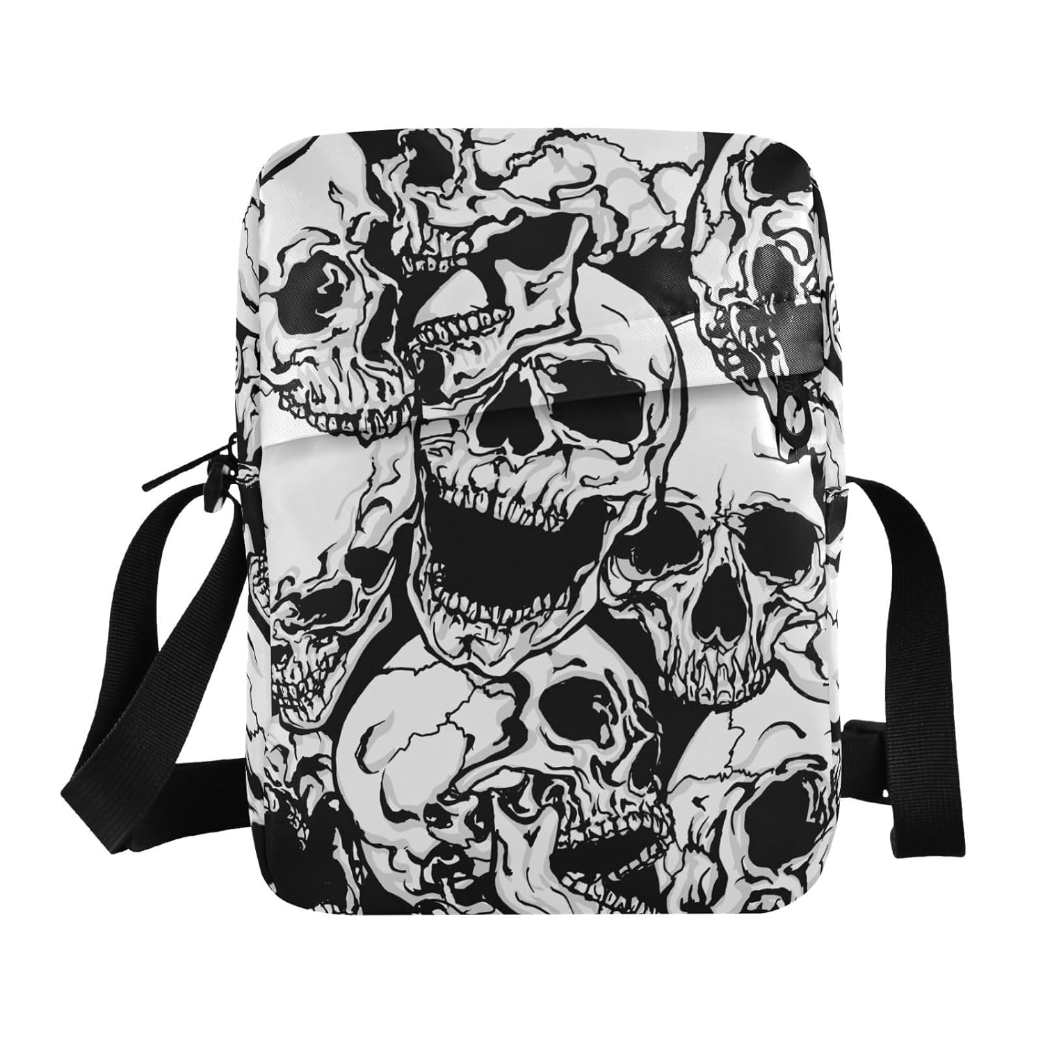 JHKKU Black and White Skulls Small Crossbody Bag for Men Women Mini Messenger Bag Shoulder Handbag With Adjustable