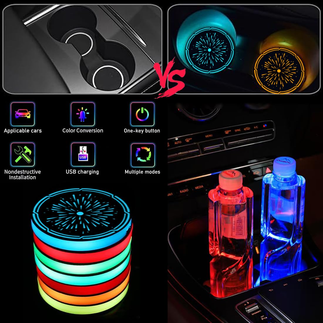 Sottobicchieri LED Ricaricabili USB - 2 Pezzi, Luce Colorata, Per Auto, Casa E Viaggi