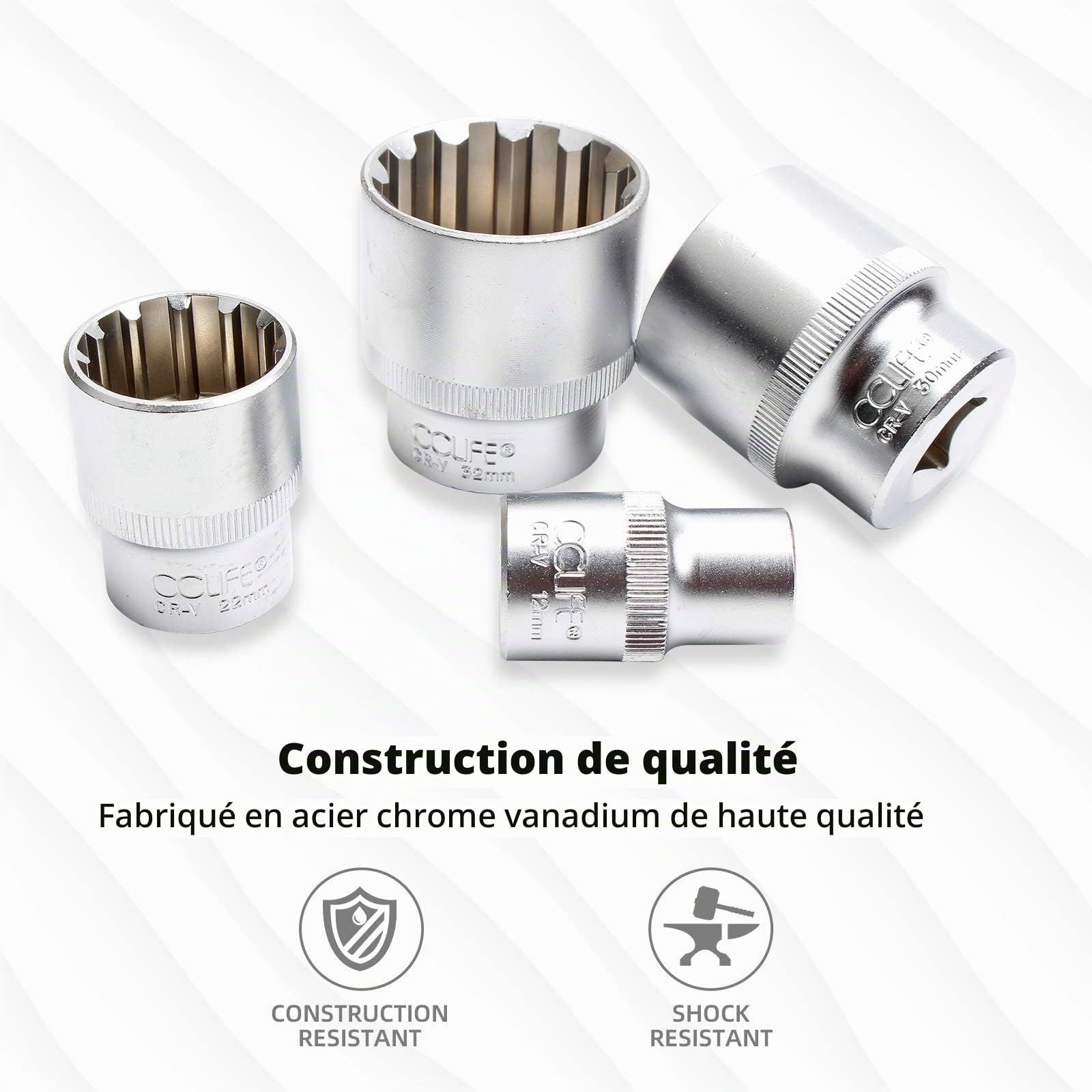 CCLIFE Jeu de 19 douilles multidents 1/2" XZN - Jeu de clés à douille 8-32 mm - Douilles pour cannelure 6/12 pans