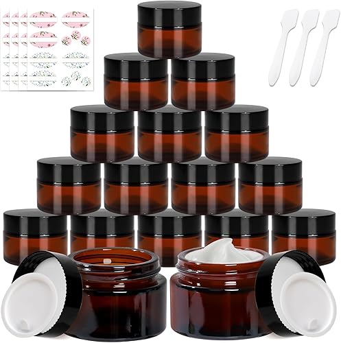 Keketin Tarros de vidrio ámbar de 1 oz, paquete de 24 recipientes vacíos para cosméticos con tapas de rosca negras, tarros redondos recargables para