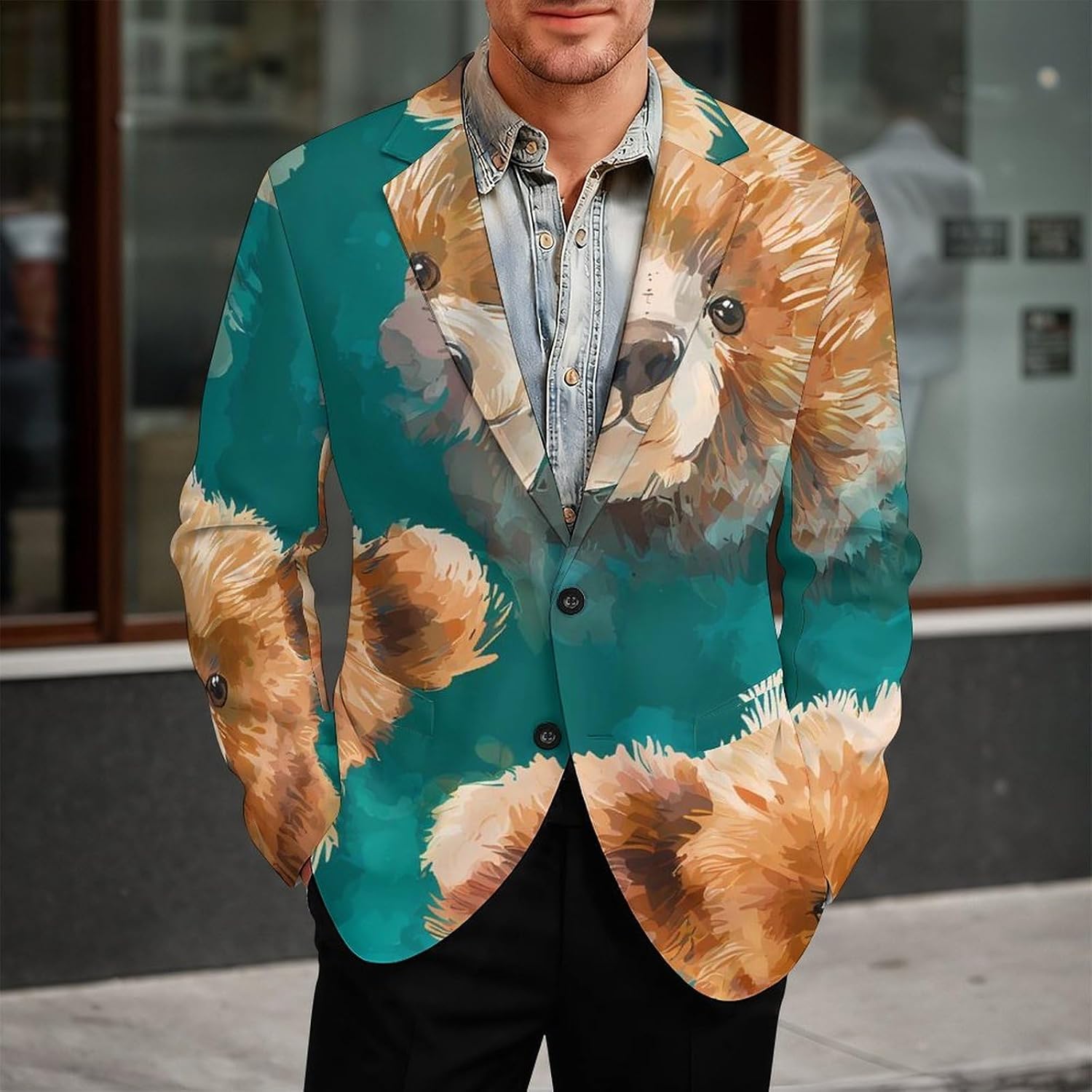 Watercolor Teddy Bears Mens Blazer Jacket Business Casual Suit Sport Coats Wedding Party Tuxedo