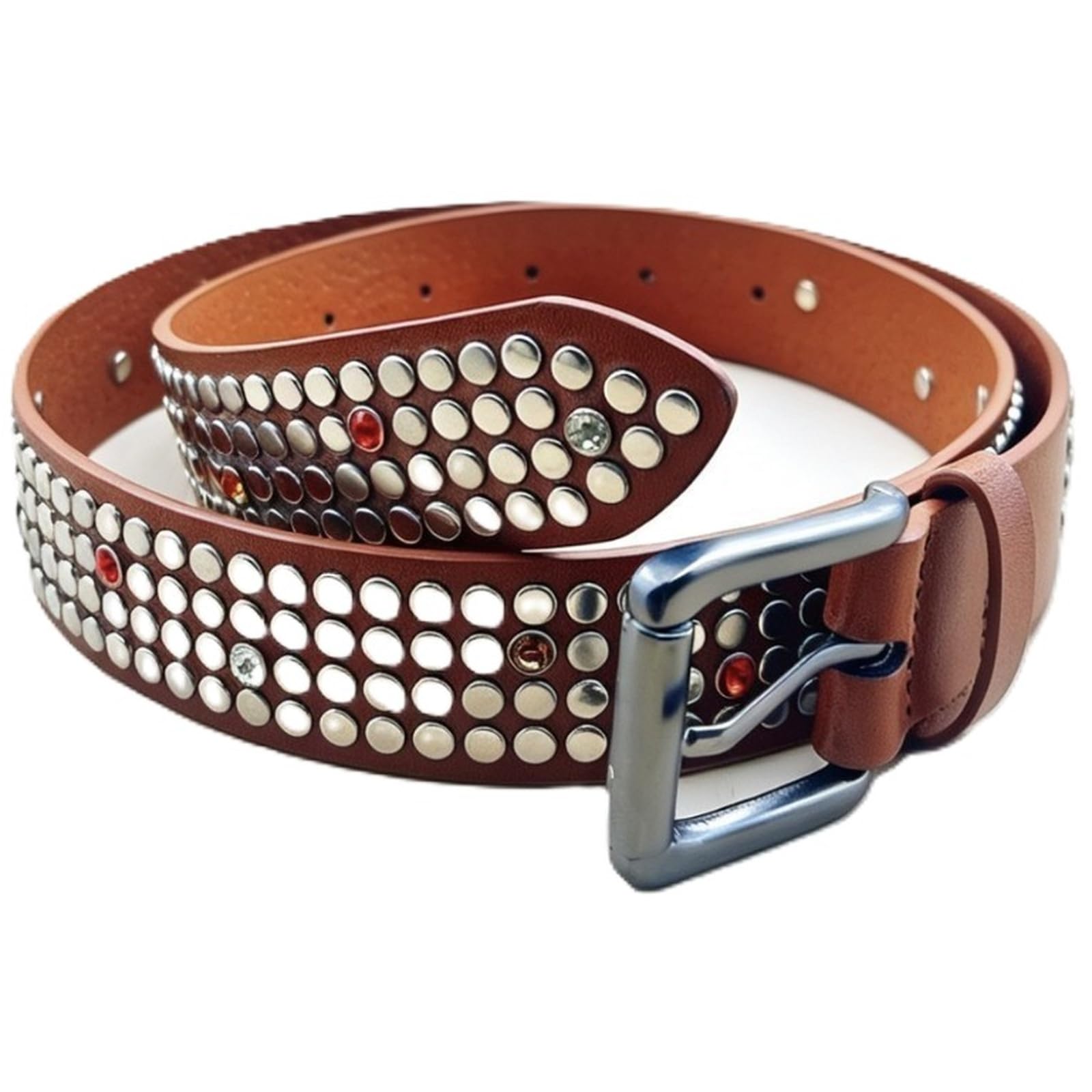 AGUTALITHIC 4 Rows Round Rivet & Rhinestone Studded Belt for Men Women,Gothic Punk Rock Leather Strap with Prong Metal Buckle(120cm/47, Brown)
