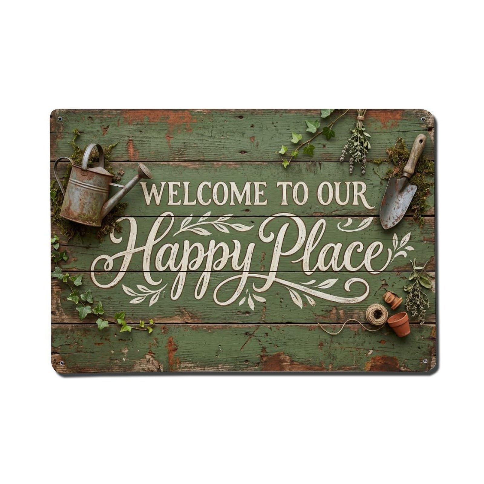 Welcome To Our Happy Place Garden Shed Vintage Metal Tin Sign Plaque Wall Decor for Cafe, Club, Garden Metal Poster 8x12Inch