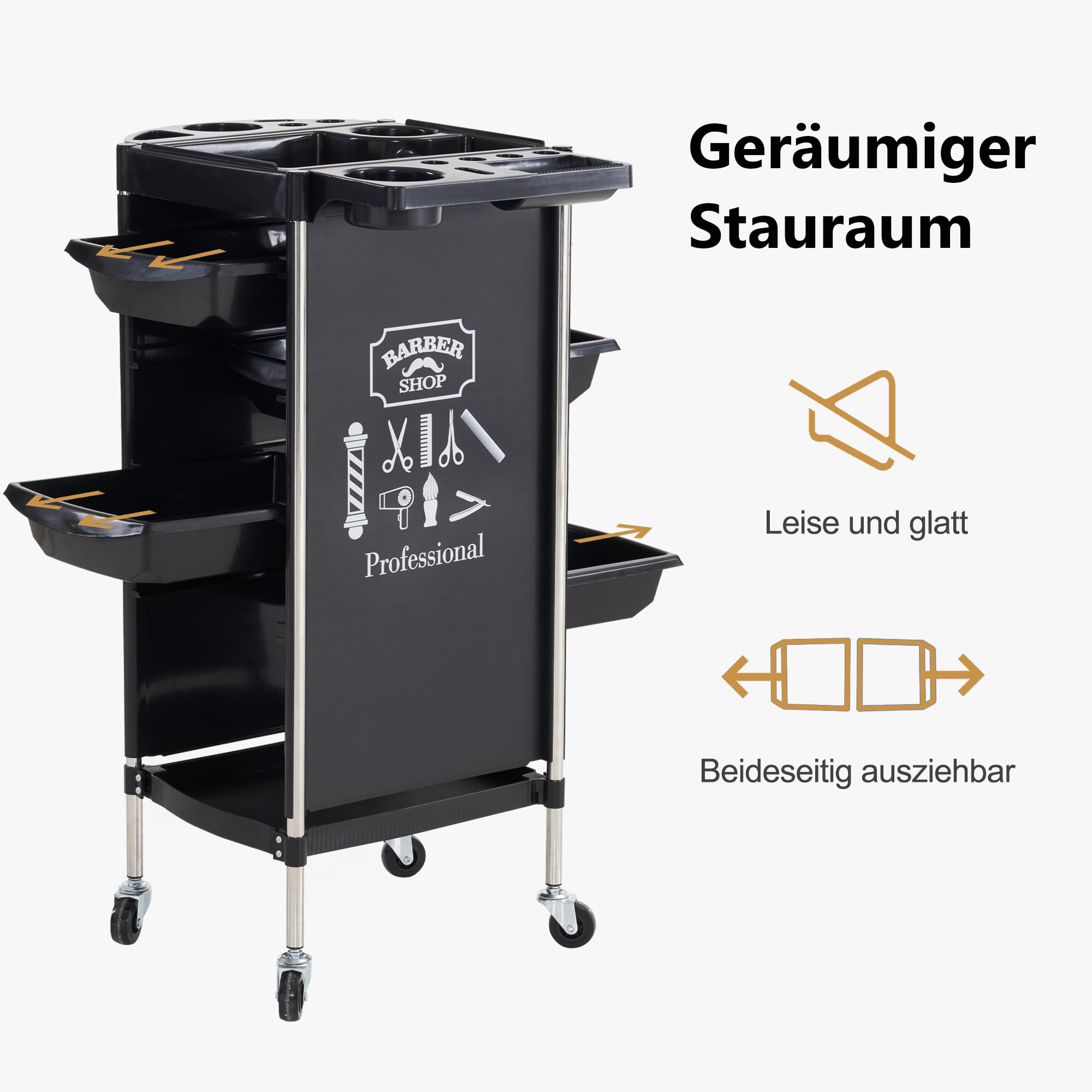 Barberpub Friseurwagen mit 4 Schubladen und Rollen, Drehbar, 36 x 52,5 x 84,5 cm, Schwarz