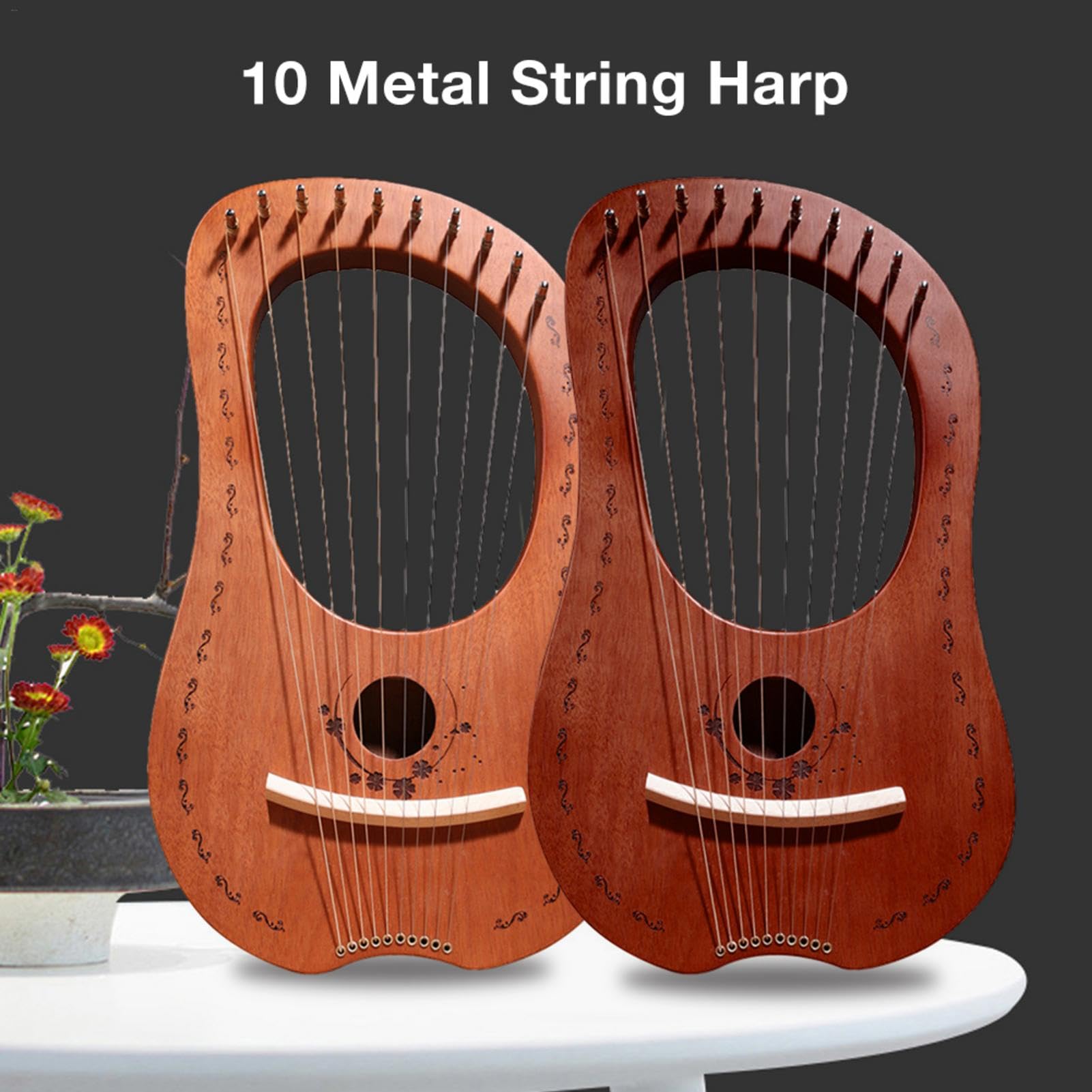 Leier Harfa, lite drewno mahoniowe, instrument Lyre, przenośny | 10 metalowych strun, harfa, lite drewno, mahoń, instrument dla dorosłych/dzieci/początkujących