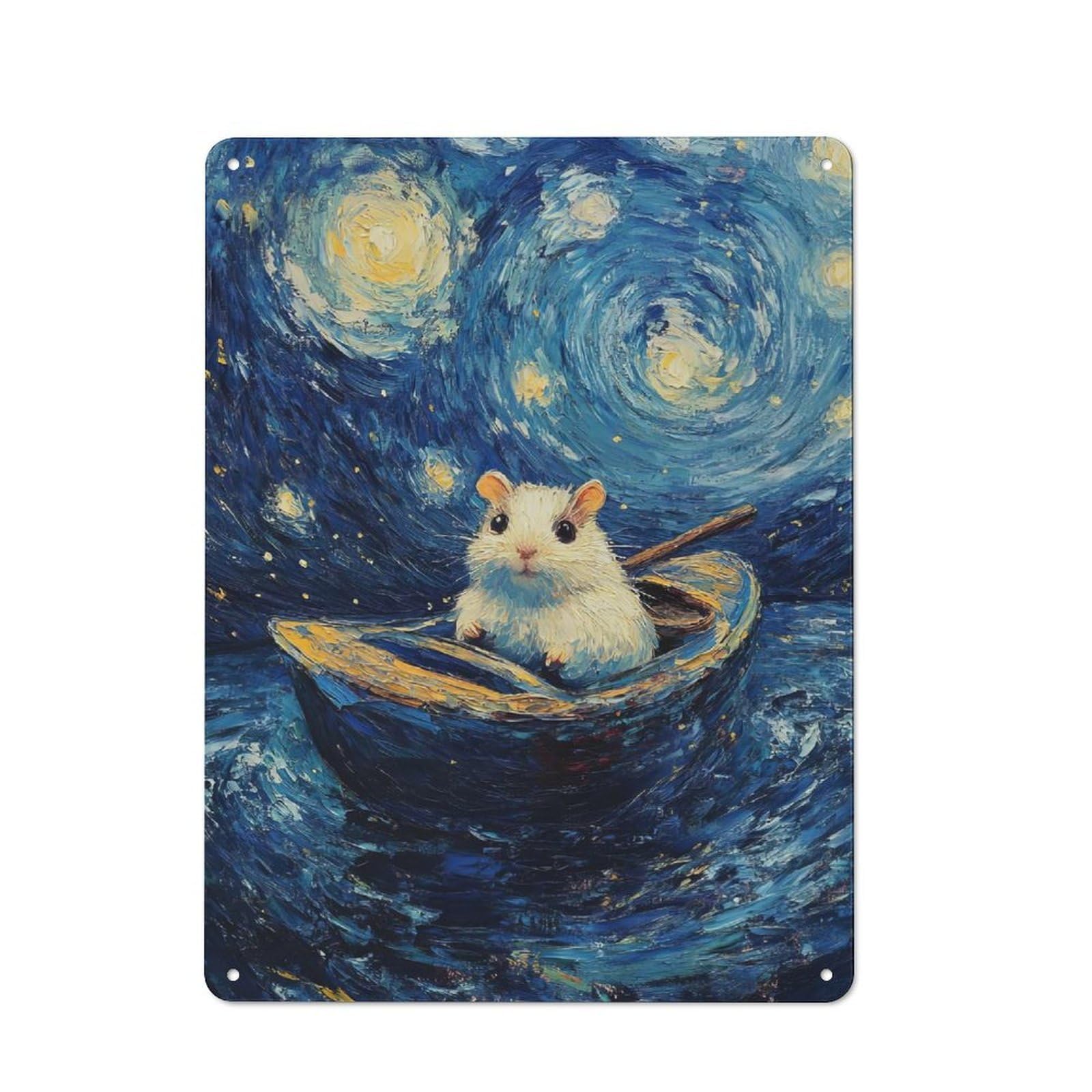 Retro Metal Plaque 40x30cm Featuring Hamster in Starry Night, Bistro Wall Plaque for Bakery, Diner, Cafe Or Family Room