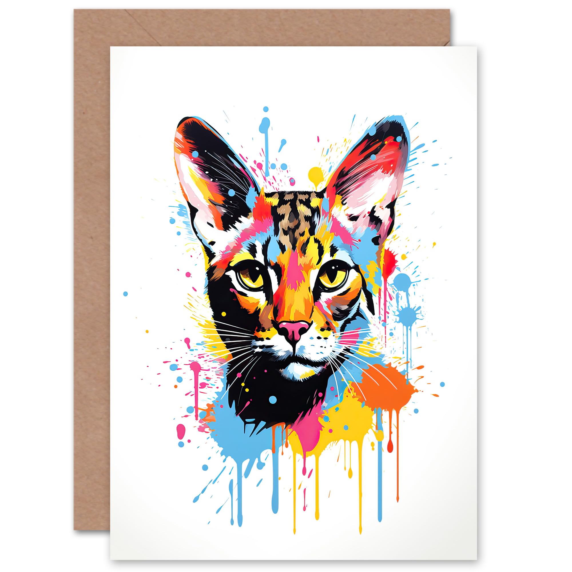 Artery8 Serval Cat Lover Gift Pet Portrait Orange Blue Pink Artwork Painting Sealed Greeting Card Plus Envelope Blank inside