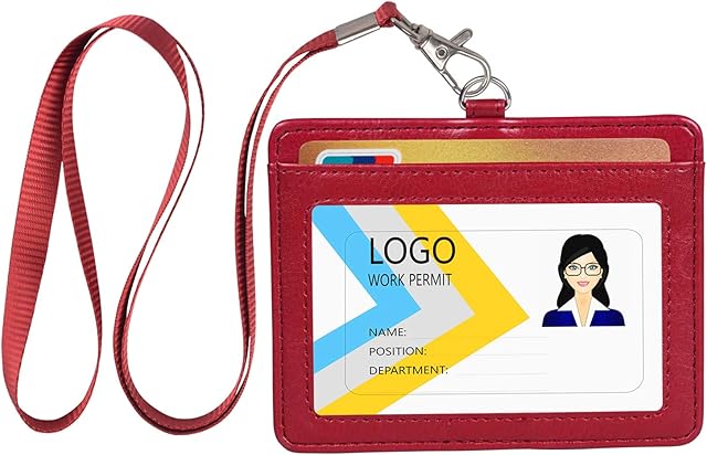 Teskyer ID Badge Holder, Horizontal PU Leather ID Badge Holder with 1 Clear ID Window & 1 Credit Card Slot and a Soft Flat Nylon Neck Lanyard, Wine Red