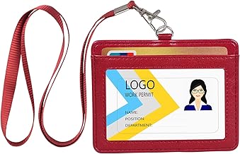 Teskyer ID Badge Holder, Neck Badge Holder with Nylon Lanyard, 2 Card Slots, PU Leather with Stainless Steel J Hook, Horizontal Badge Holder for Work, School, Red