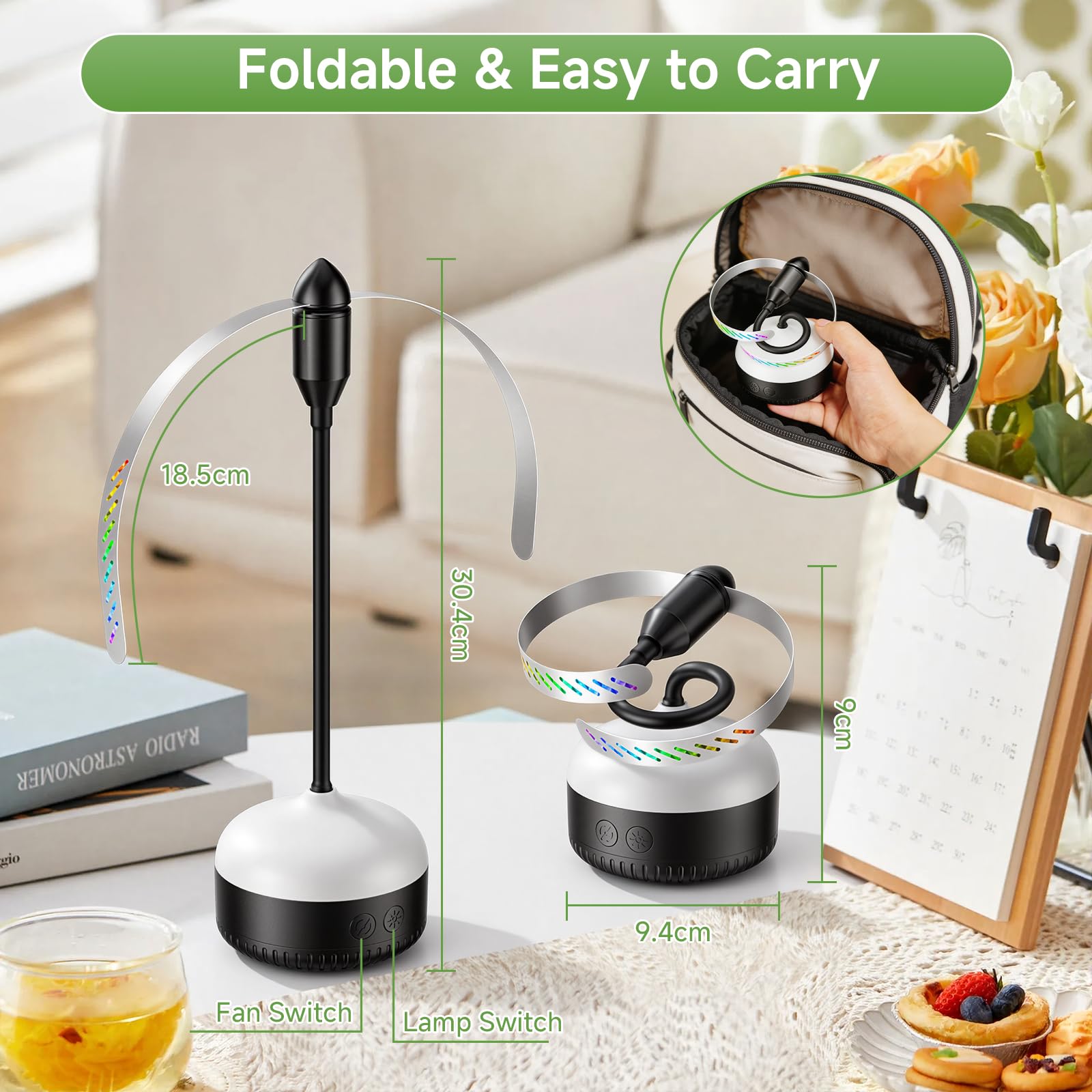 PKBD 2 Pezzi Scacciamosche da Tavolo con LED Bianco Caldo e Pale Morbide | Ventilatore Anti Mosche da Interno Portatile a Batteria, Ideale per Cucina, Terrazza, Campeggio, Nero