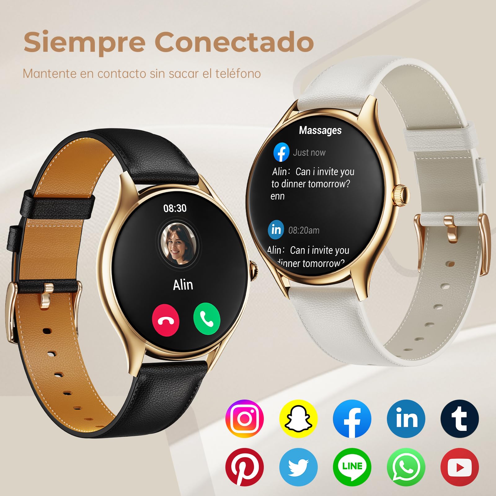 Reloj Inteligente Mujer con Pantalla AMOLED 1,43" Smartwatch Deportivo Impermeable IP68, Monitor Sueño/SpO2/Ciclo Menstrual, 120+ Modos Deporte Diseño Ultra Delgado Elegante (Oro Rosa/Blanco)