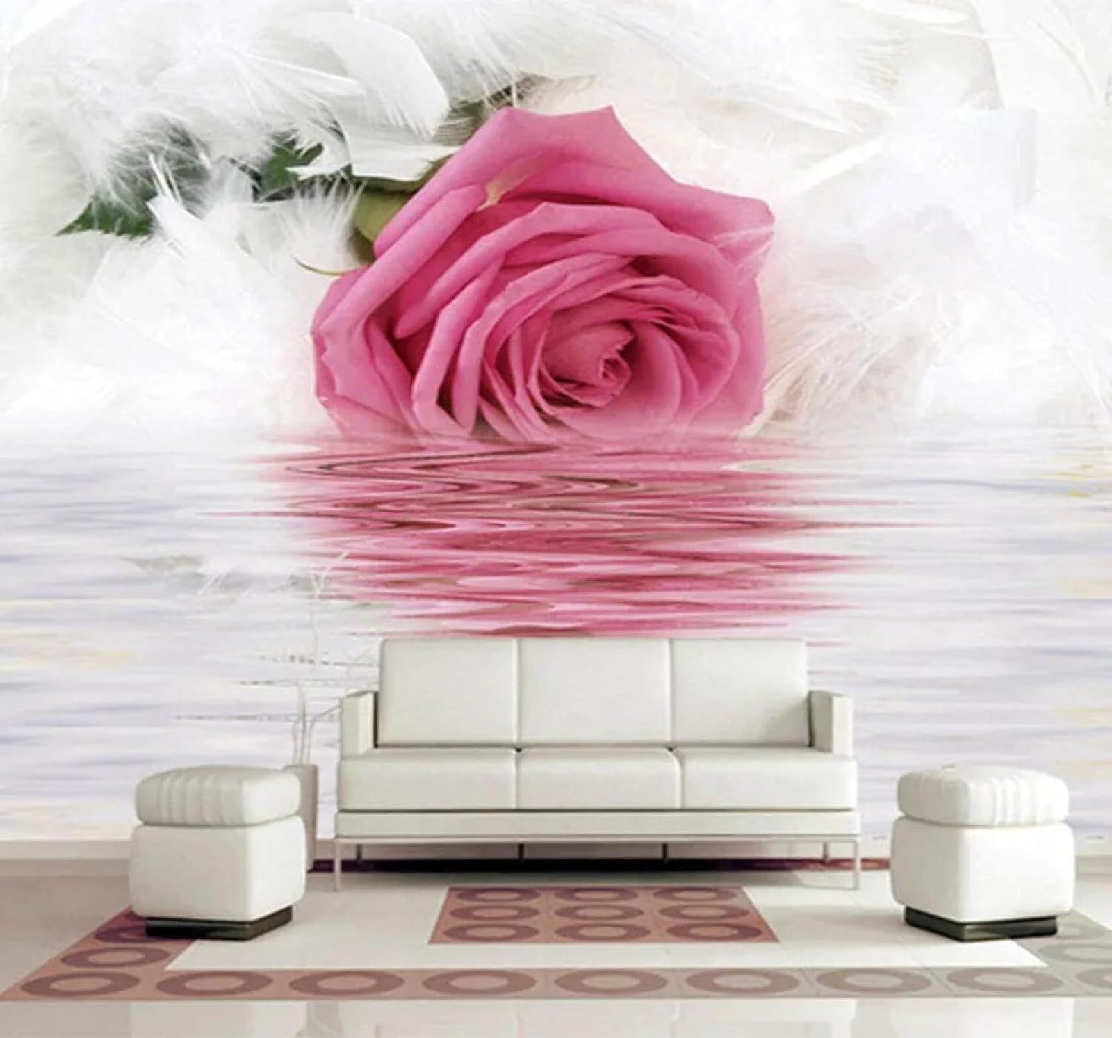 XLMING Romantic Pink Roses Feathers Reflection 3D Wallpaper Luxury Silk Study Dining Feature Sofa Grey Bedroom Living Room Tv Decorative Wall-250cm×170cm