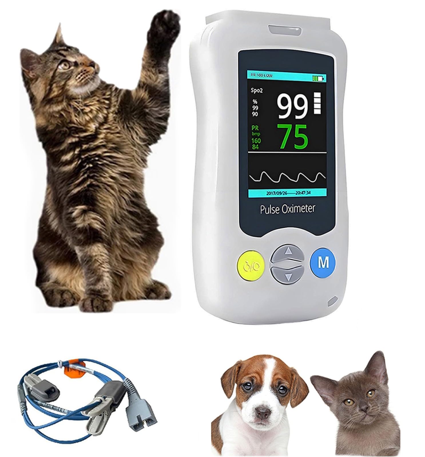 BLUEZY Pulsossimetro Veterinario Portatile, Monitor della Frequenza Cardiaca SPO2 per Cani E Gatti, Sonda Sensore Orecchio/Lingua per Cliniche Domestiche E Ospedali