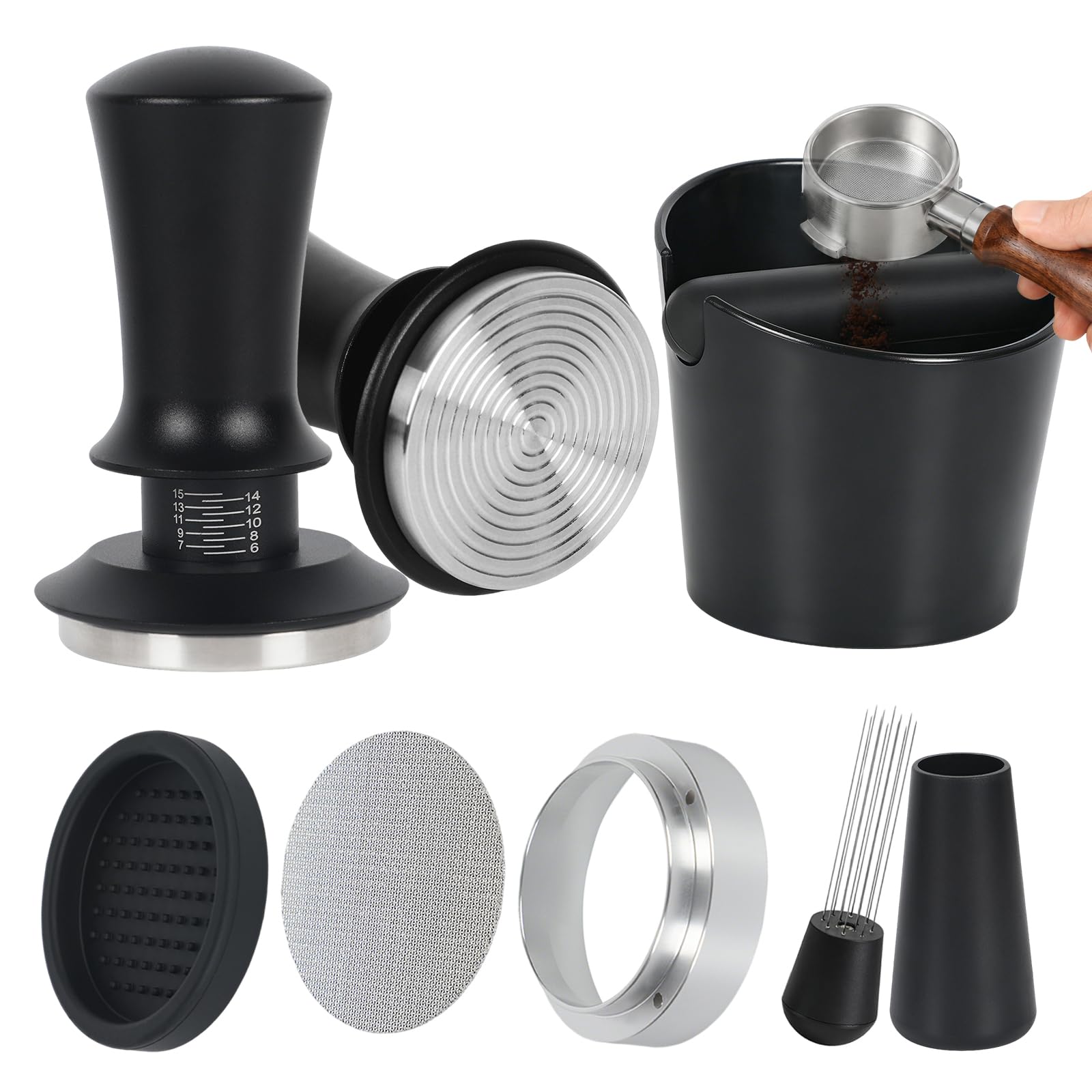 6-in-1 51mm Coffee Tamper Set Espresso Coffee Machine Accessories Barista Set WDT Tool 51mm Espresso Tamper Black, Stirrer, Coffee Knock Box, 51mm Dosing Funnel, 51mm Puck Screen
