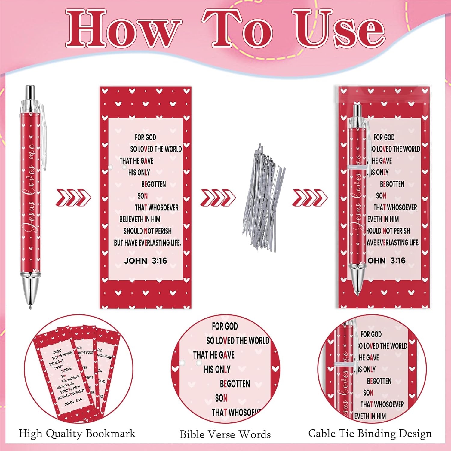 50 Set Valentine’s Day Christian Gifts Bulk Christian Valentines Day Ballpoint Pens Jesus Loves Me Pens Inspirational Quote Bible Verse Bookmarks for Sunday School Church Office Gifts