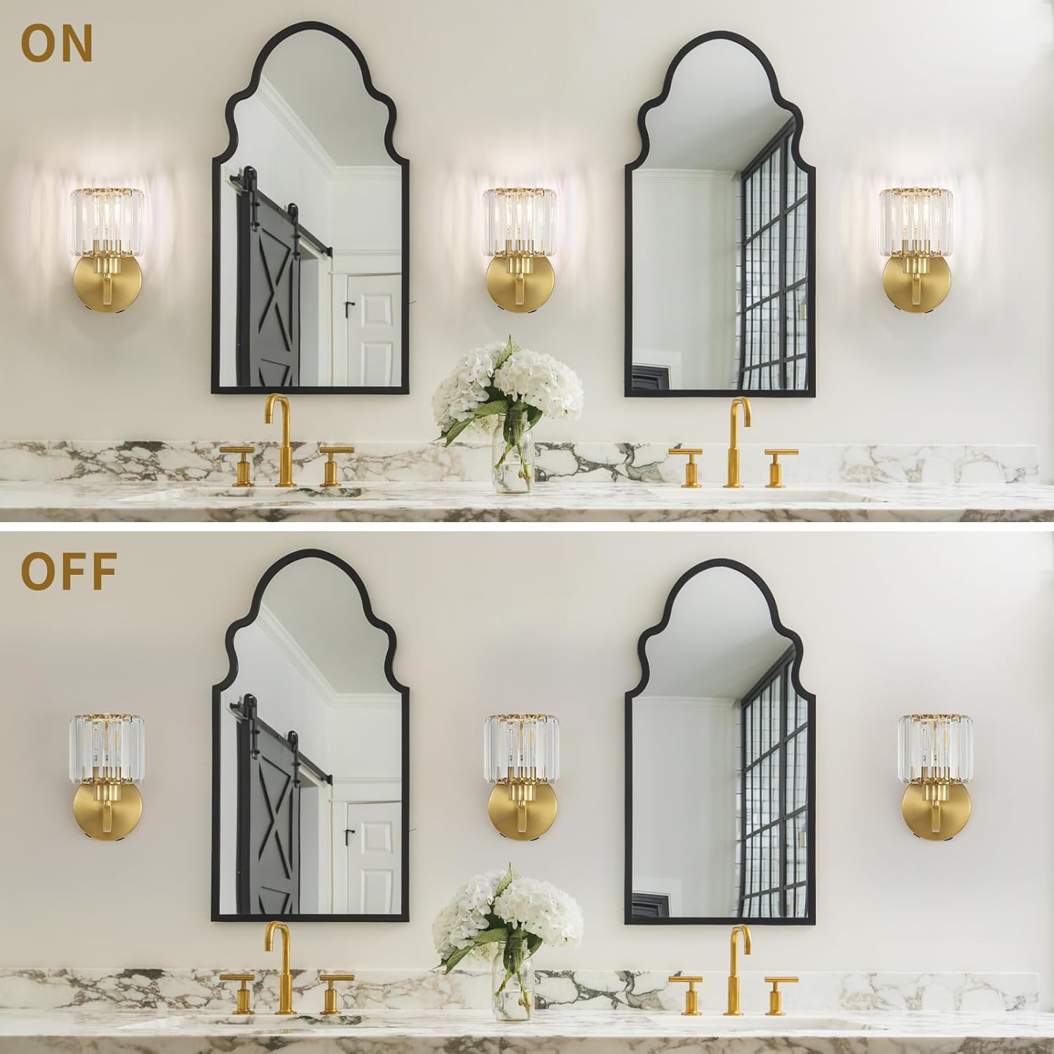 Crystal Battery Operated Wall Sconces Set of Two Gold Rechargeable Wall Sconces with Remote Control LED Dimmable Wall Lights for Living Room Hallway (2 Pack)